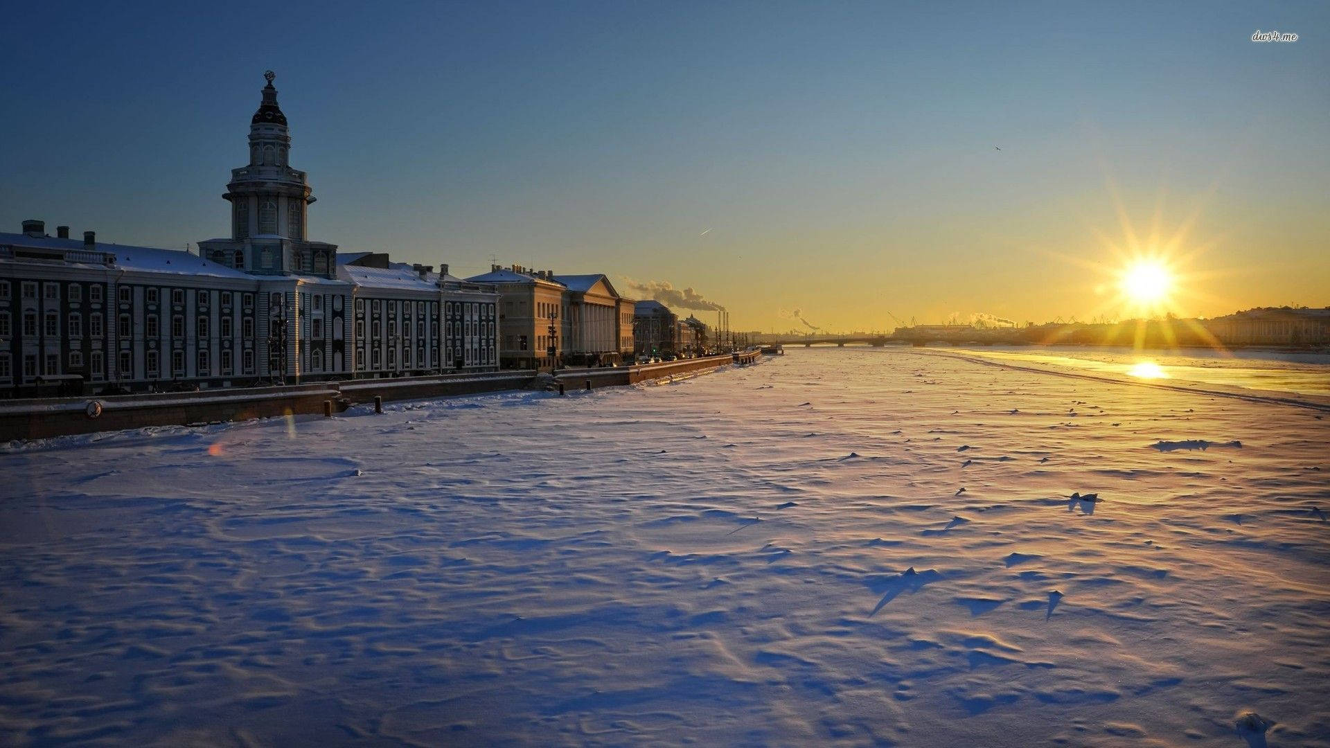 Saint Petersburg, Sunset, frozen river, Full HD Desktop Wallpaper