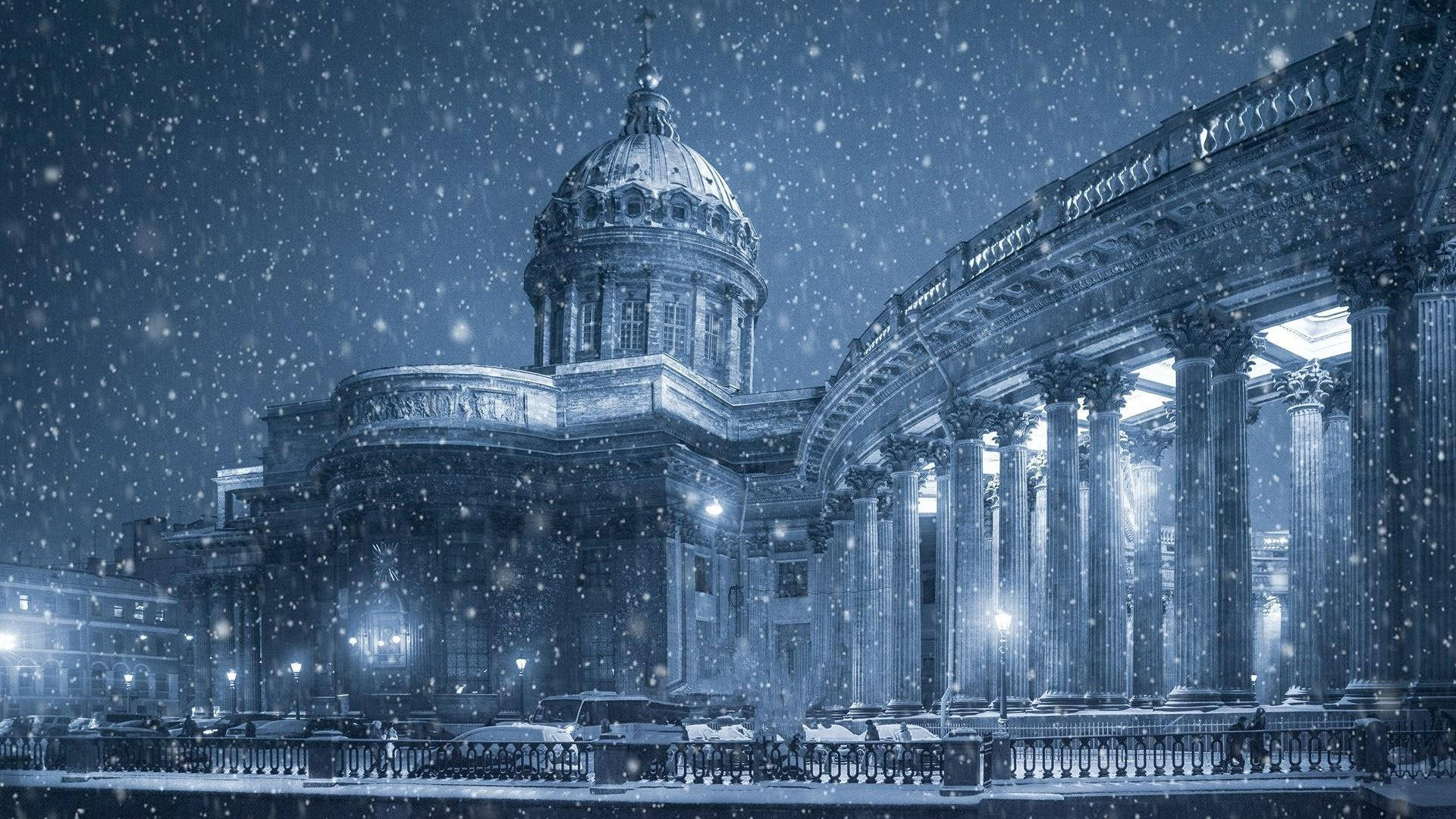 Saint Petersburg, snowy night, neoclassical building, Full HD Desktop Wallpaper