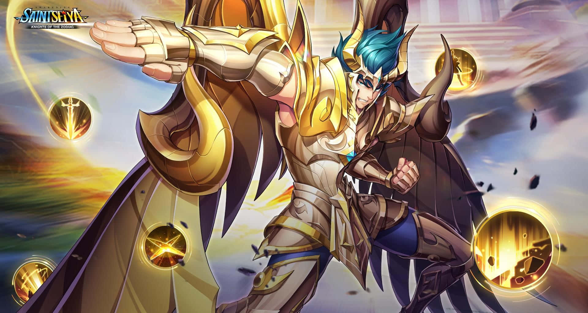 Capricorn Shura, golden armor, vibrant sunset sky, Full HD Desktop Wallpaper