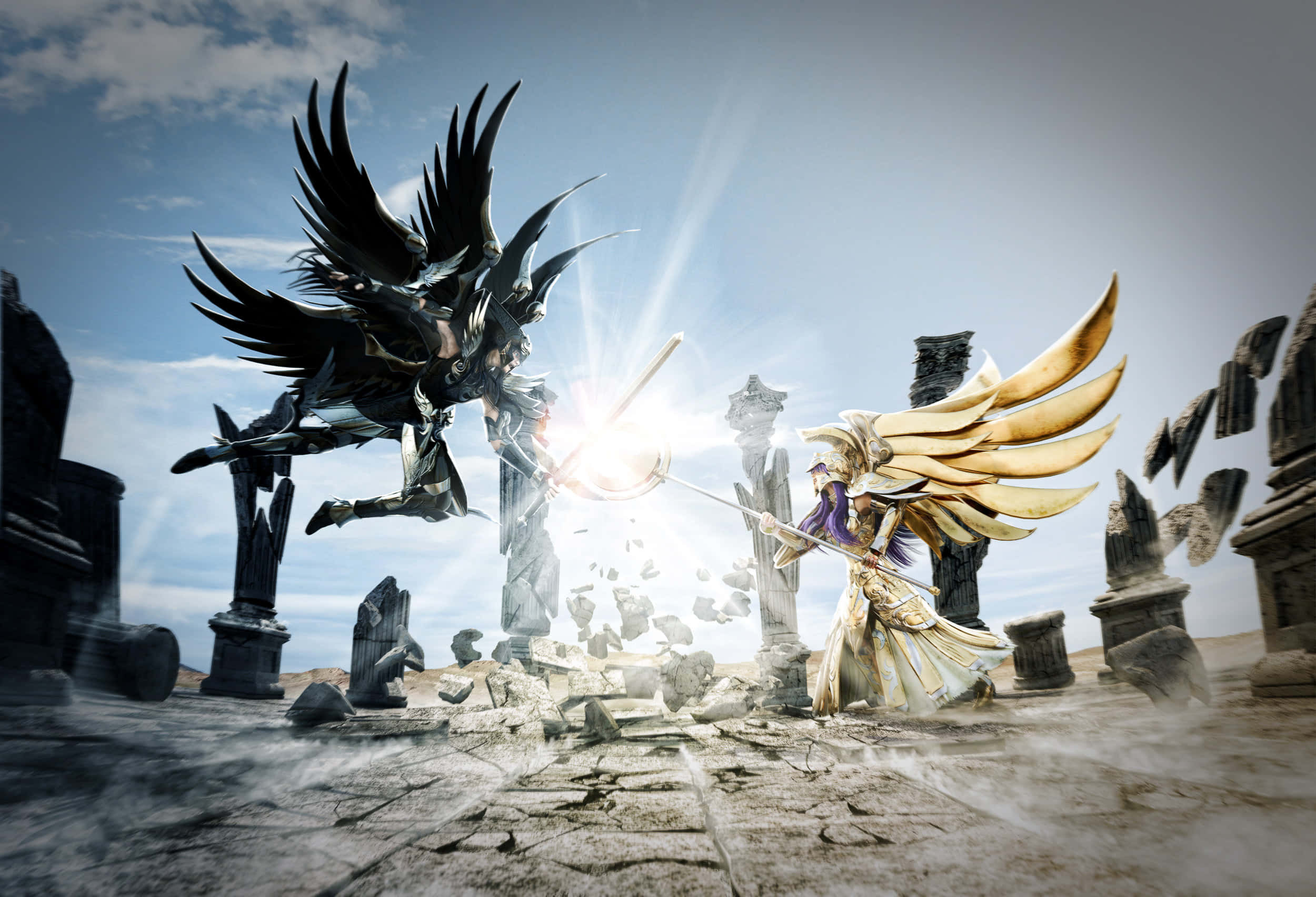 Saint Seiya Hades, golden winged warrior, black winged demon, Full HD Desktop Wallpaper
