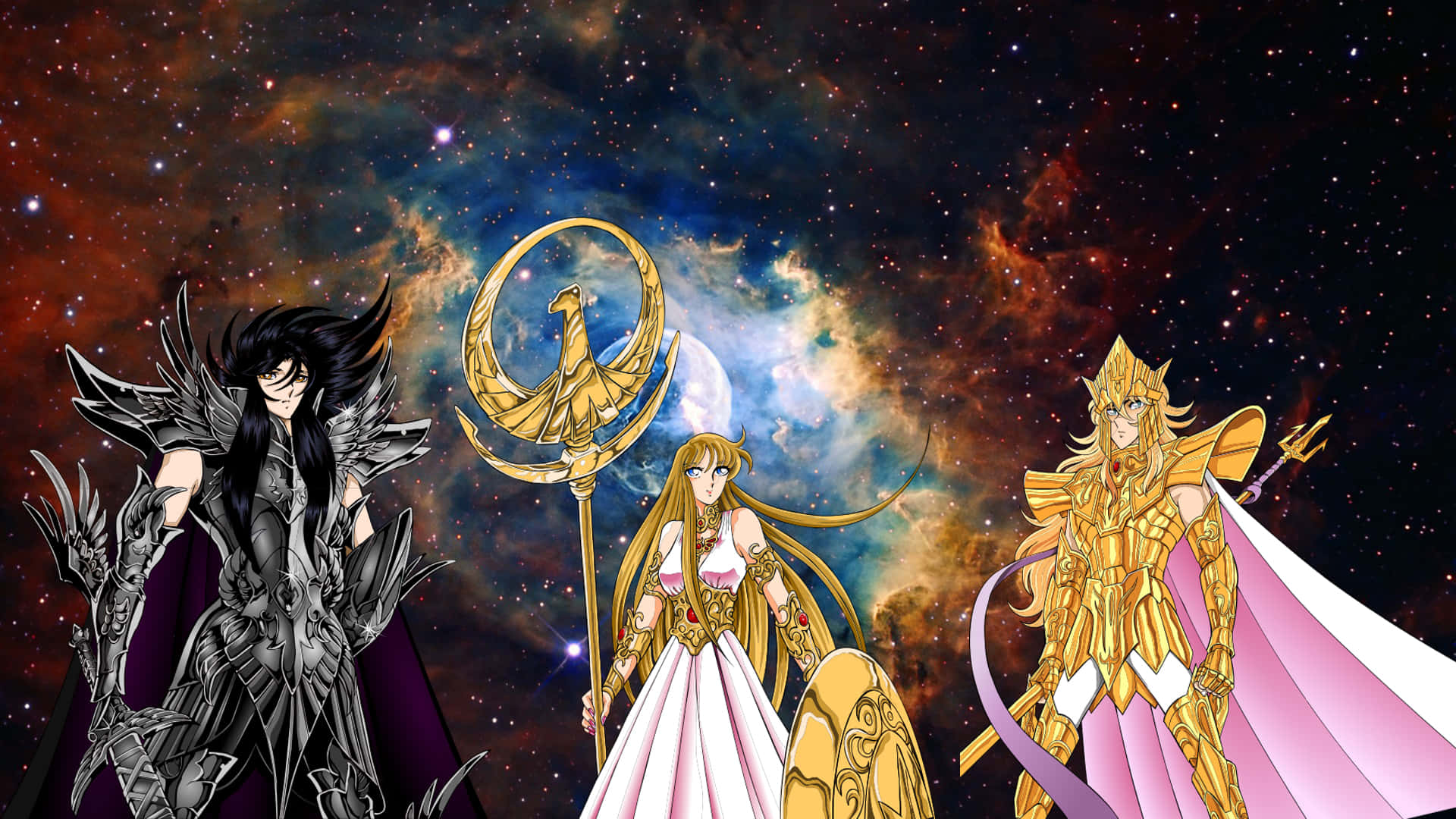 Saint Seiya Hades, cosmic nebula, anime-style armored warriors, Full HD Desktop Wallpaper