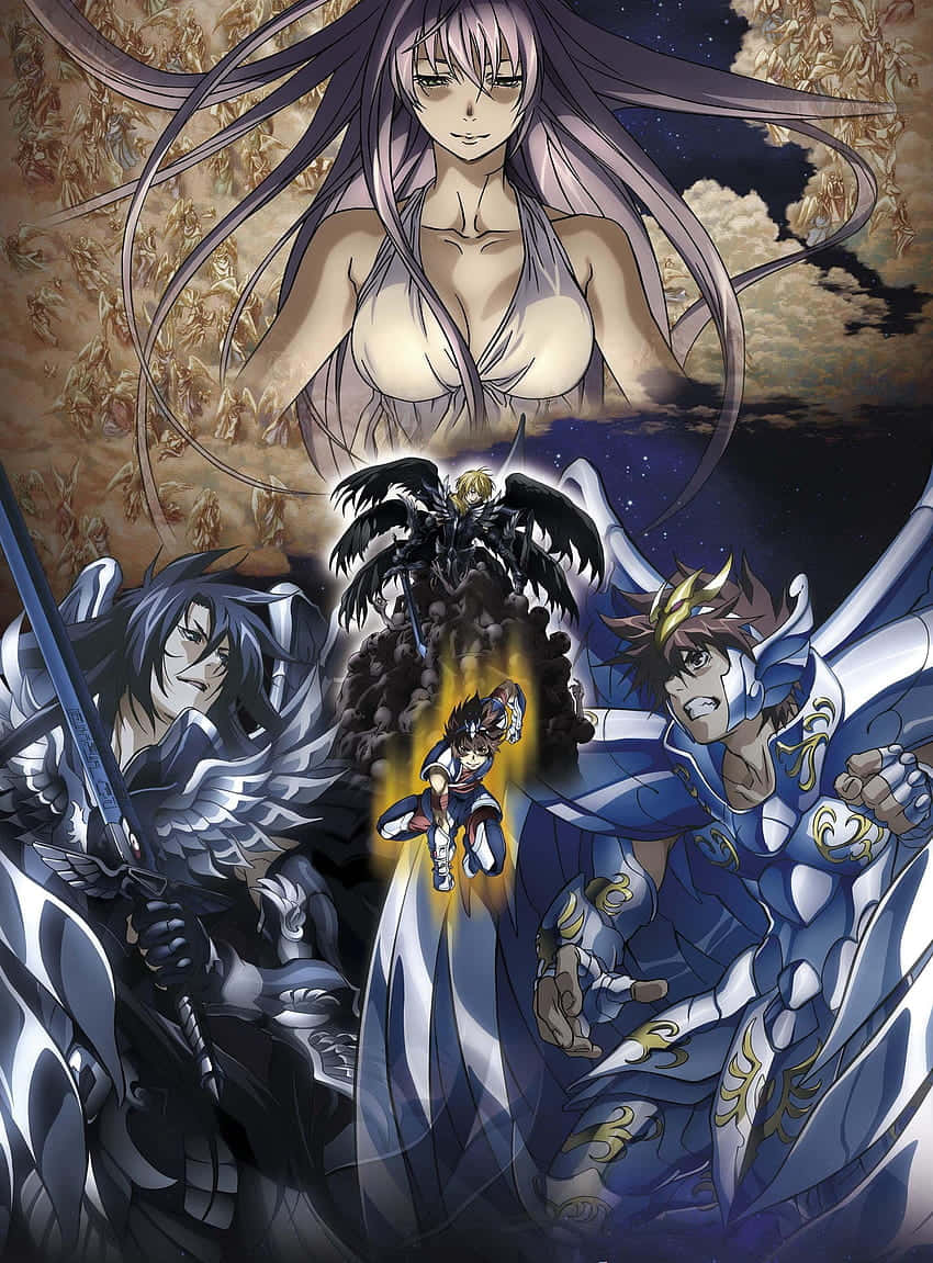 Saint Seiya Hades, purple-haired woman, armored warriors, SD Phone Wallpaper