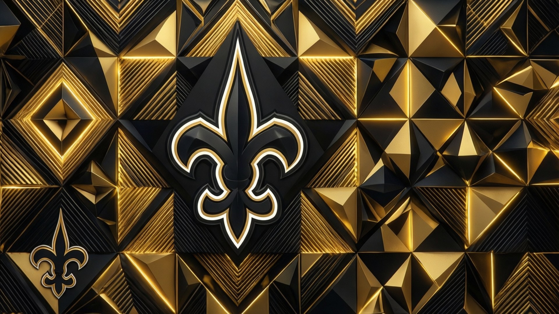 fleur-de-lis emblem, black and gold, geometrically patterned metallic wall, Full HD Desktop Wallpaper