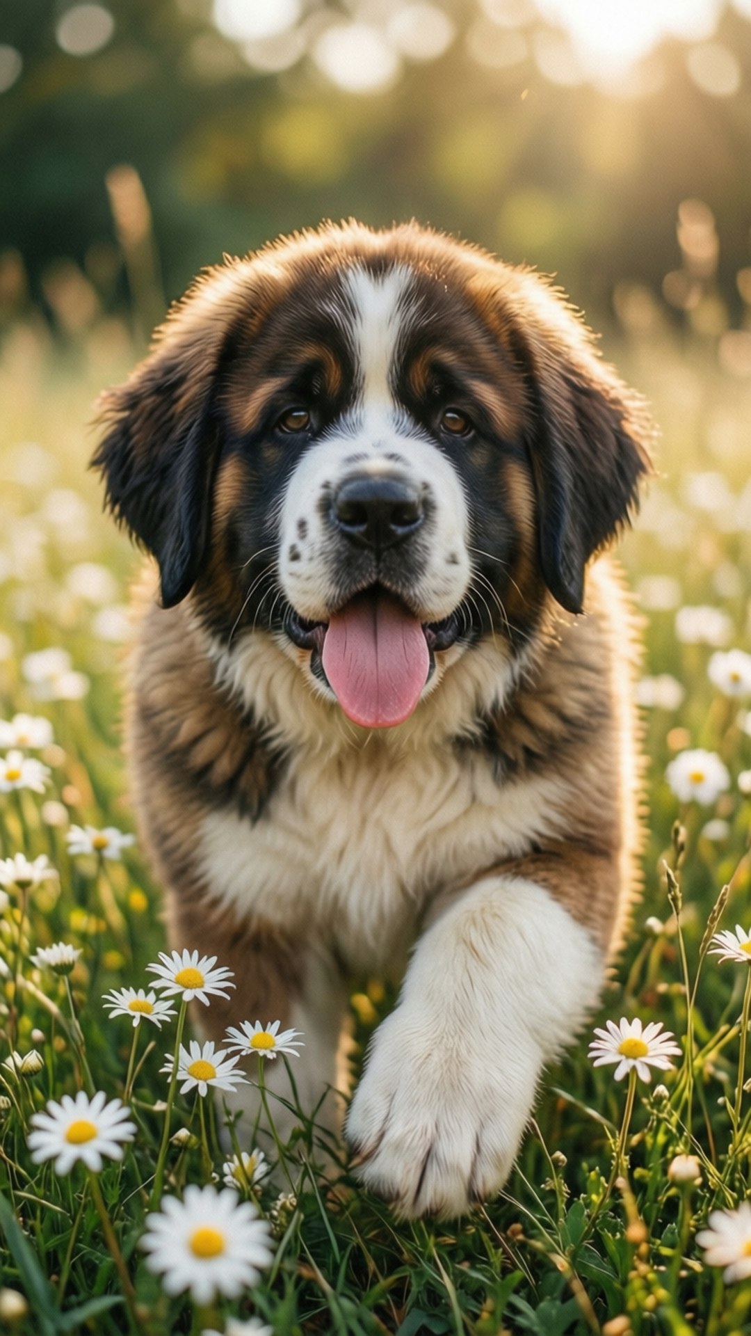 Saint Bernard puppy, pink tongue, sunlit field, Full HD Phone Wallpaper