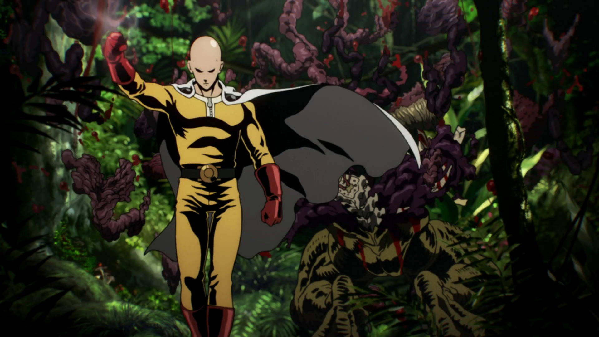 Saitama, yellow suit, dark jungle, Full HD Desktop Wallpaper