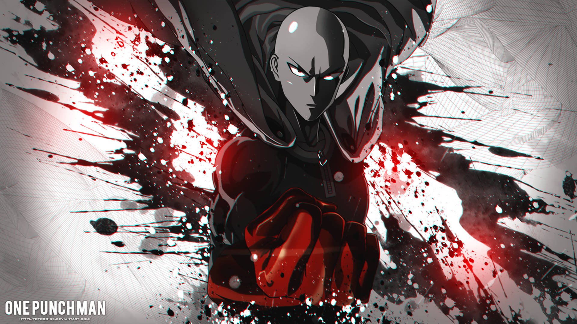 Saitama, black suit, red energy splatter, Full HD Desktop Wallpaper