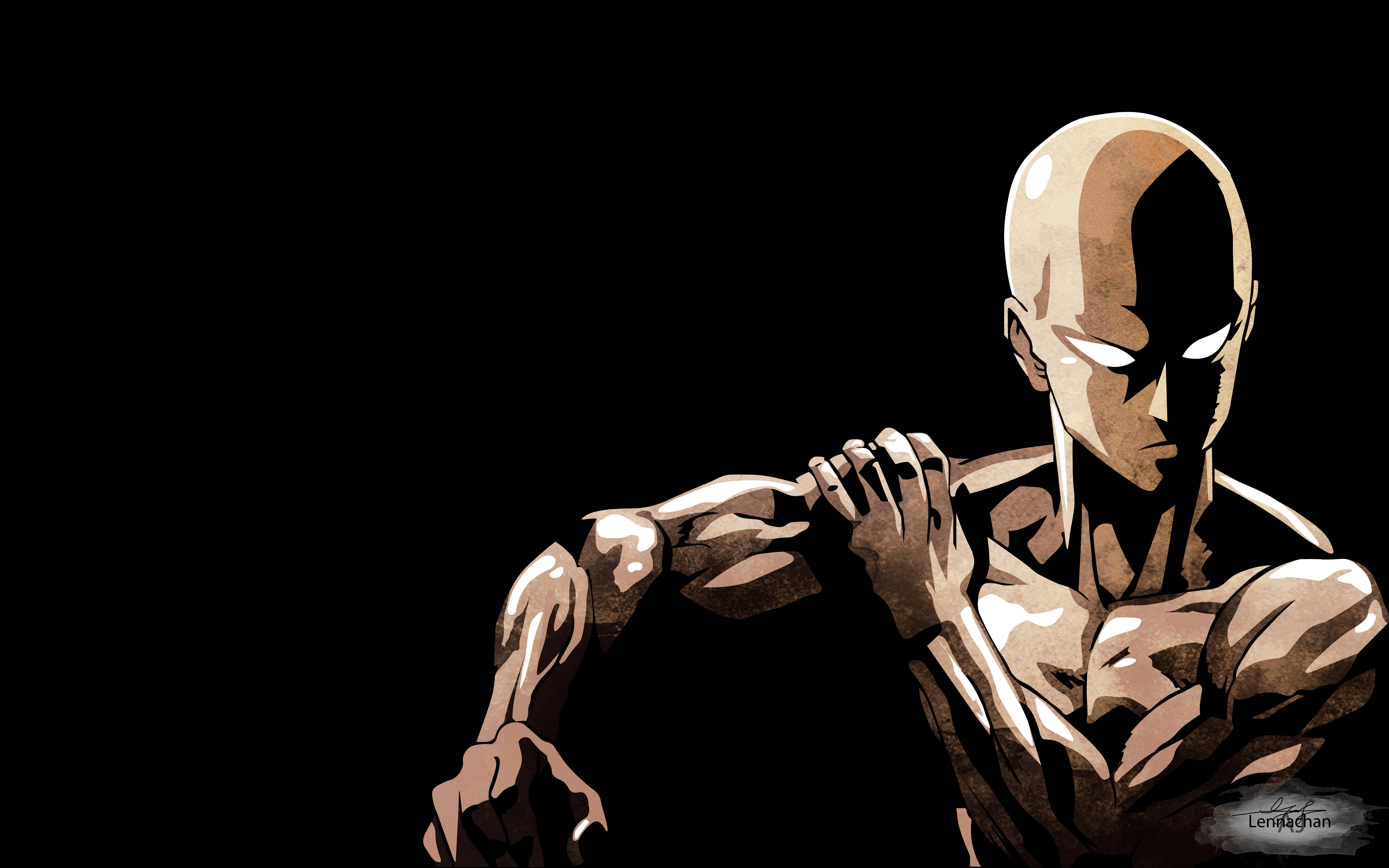 Saitama, glowing white eyes, bald muscular anime character, 8K Desktop Wallpaper