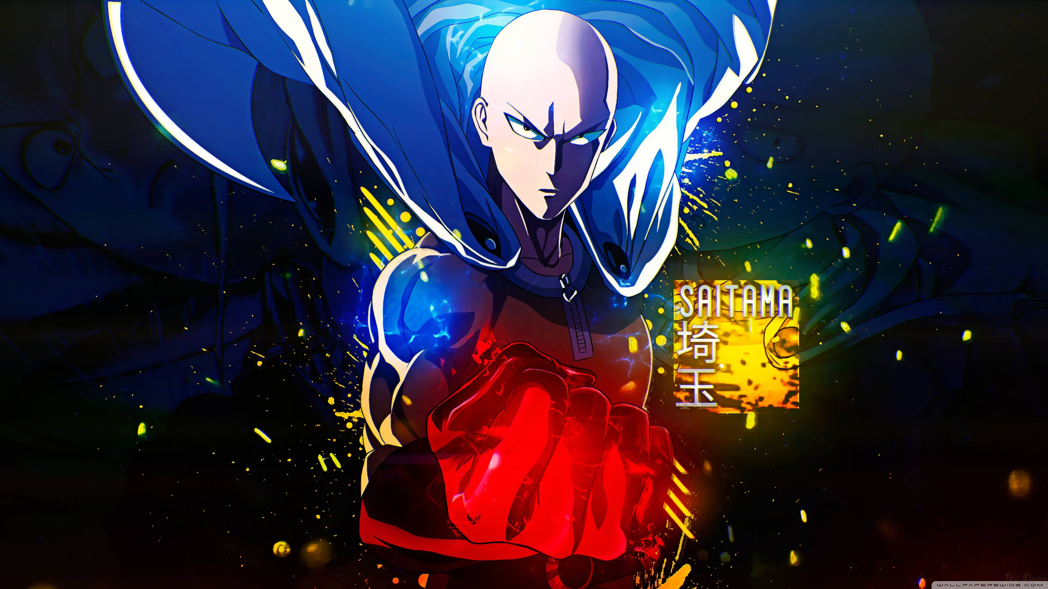 Saitama, glowing blue eyes, flowing cape, 2K Desktop Wallpaper