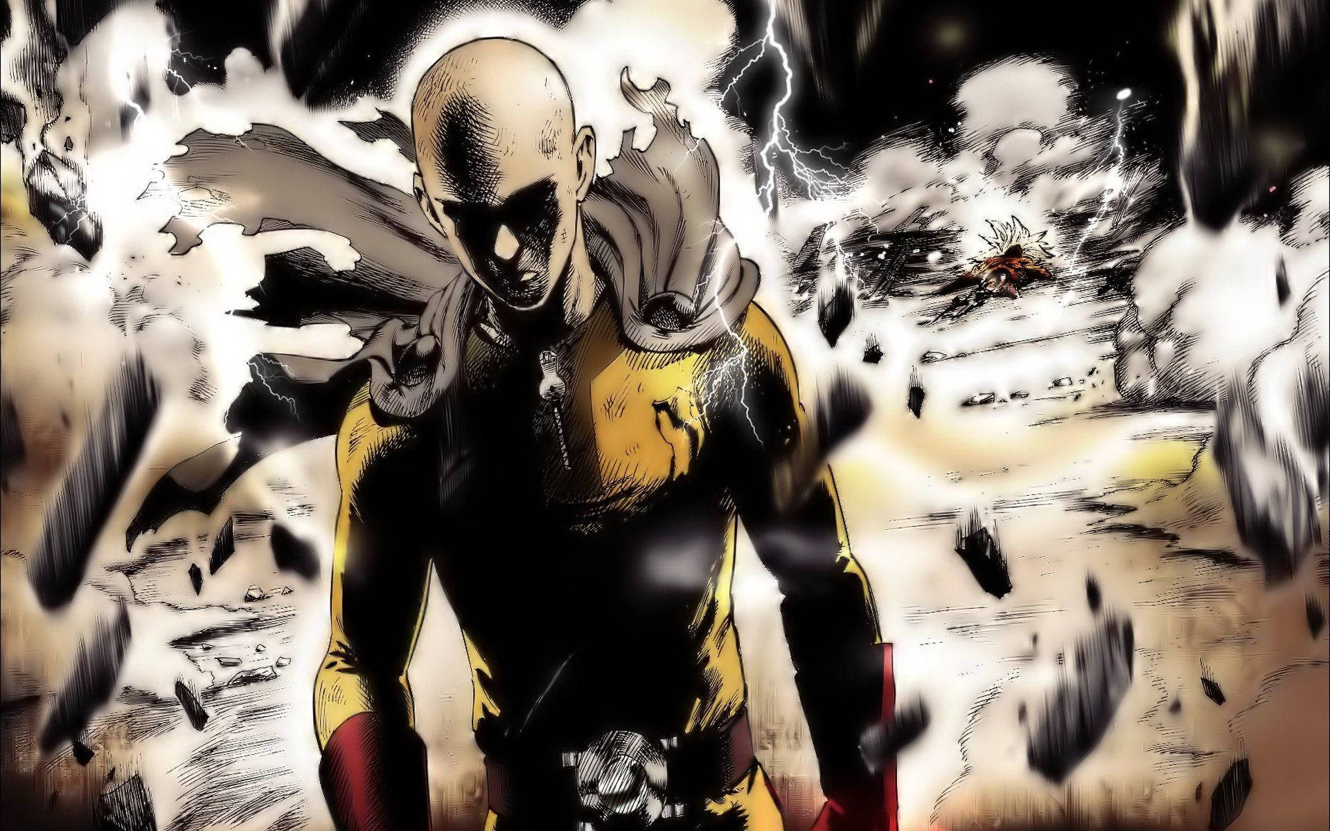 Saitama, yellow and black suit, shattered debris, Full HD Desktop Wallpaper