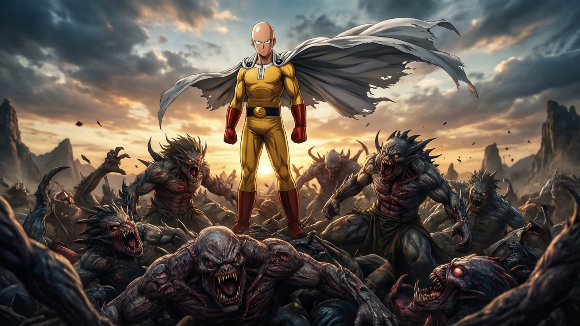 Saitama, yellow suit, white cape, Full HD Desktop Wallpaper
