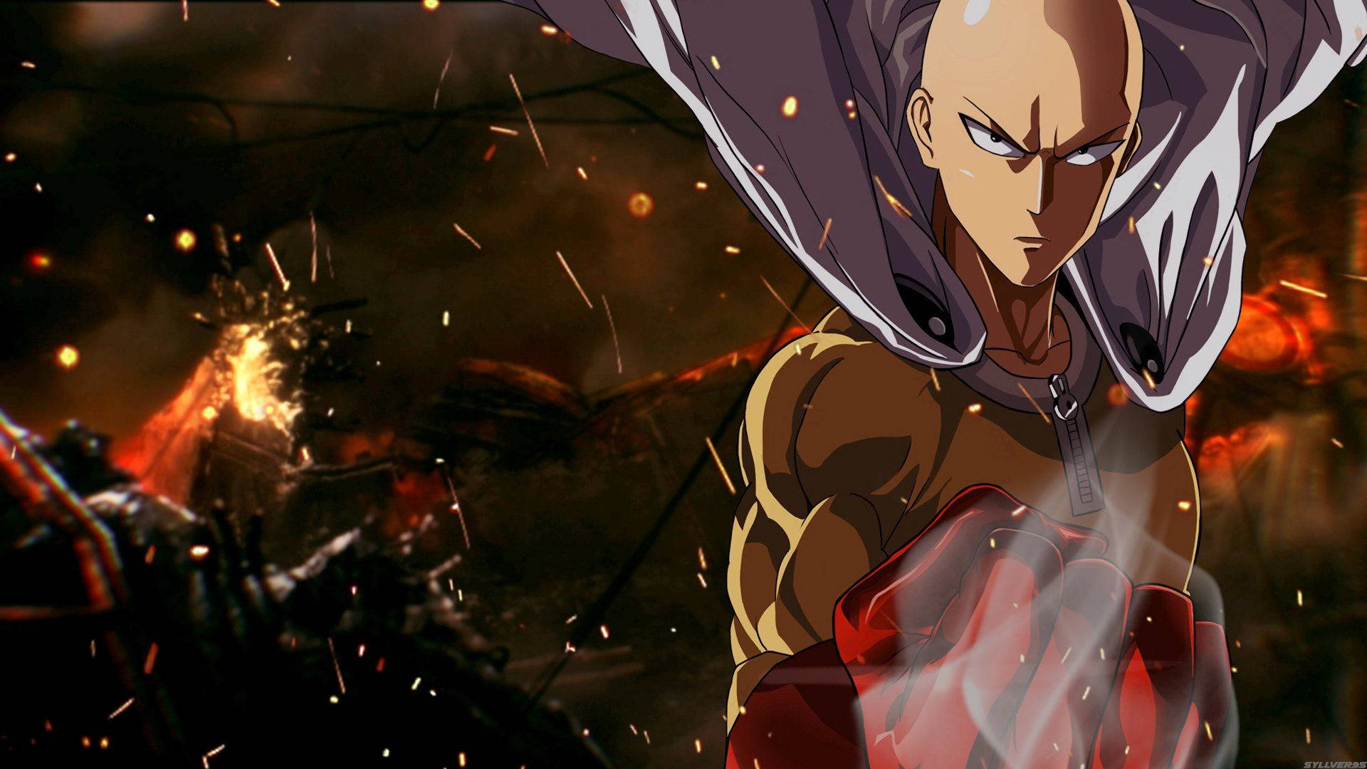 Saitama, red and brown outfit, flying sparks, Full HD Desktop Wallpaper
