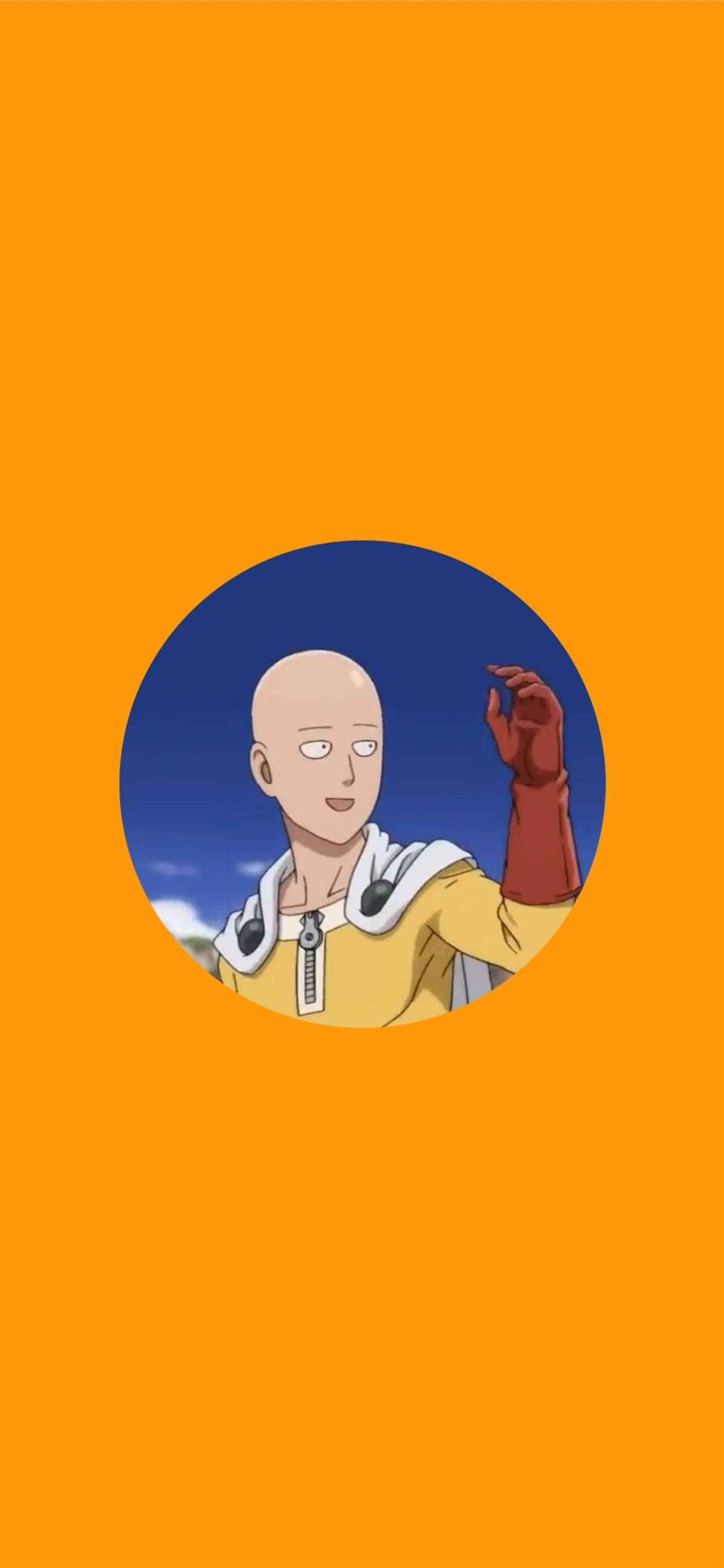Saitama, yellow suit, blue circle, 2K Phone Wallpaper