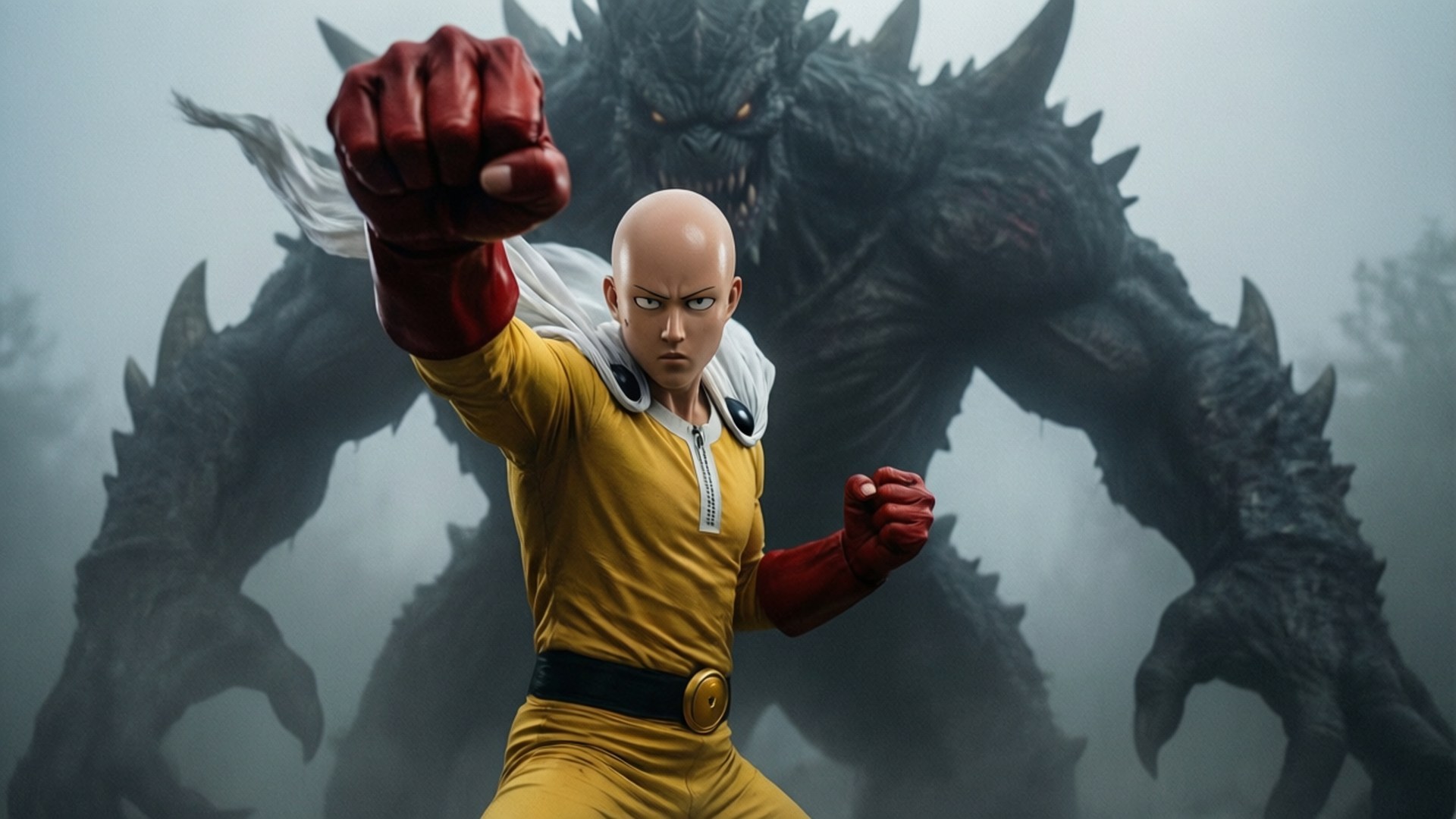 Saitama, yellow suit, bald anime hero, Full HD Desktop Wallpaper