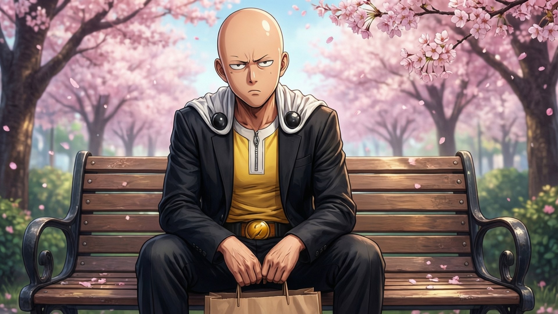 Saitama, black jacket, yellow shirt, Full HD Desktop Wallpaper