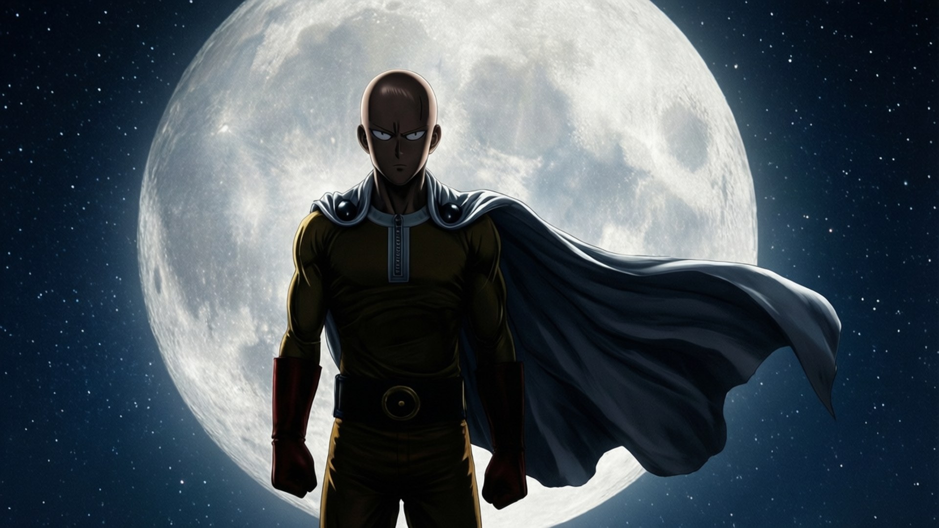Saitama, gold suit, flowing dark cape, Full HD Desktop Wallpaper