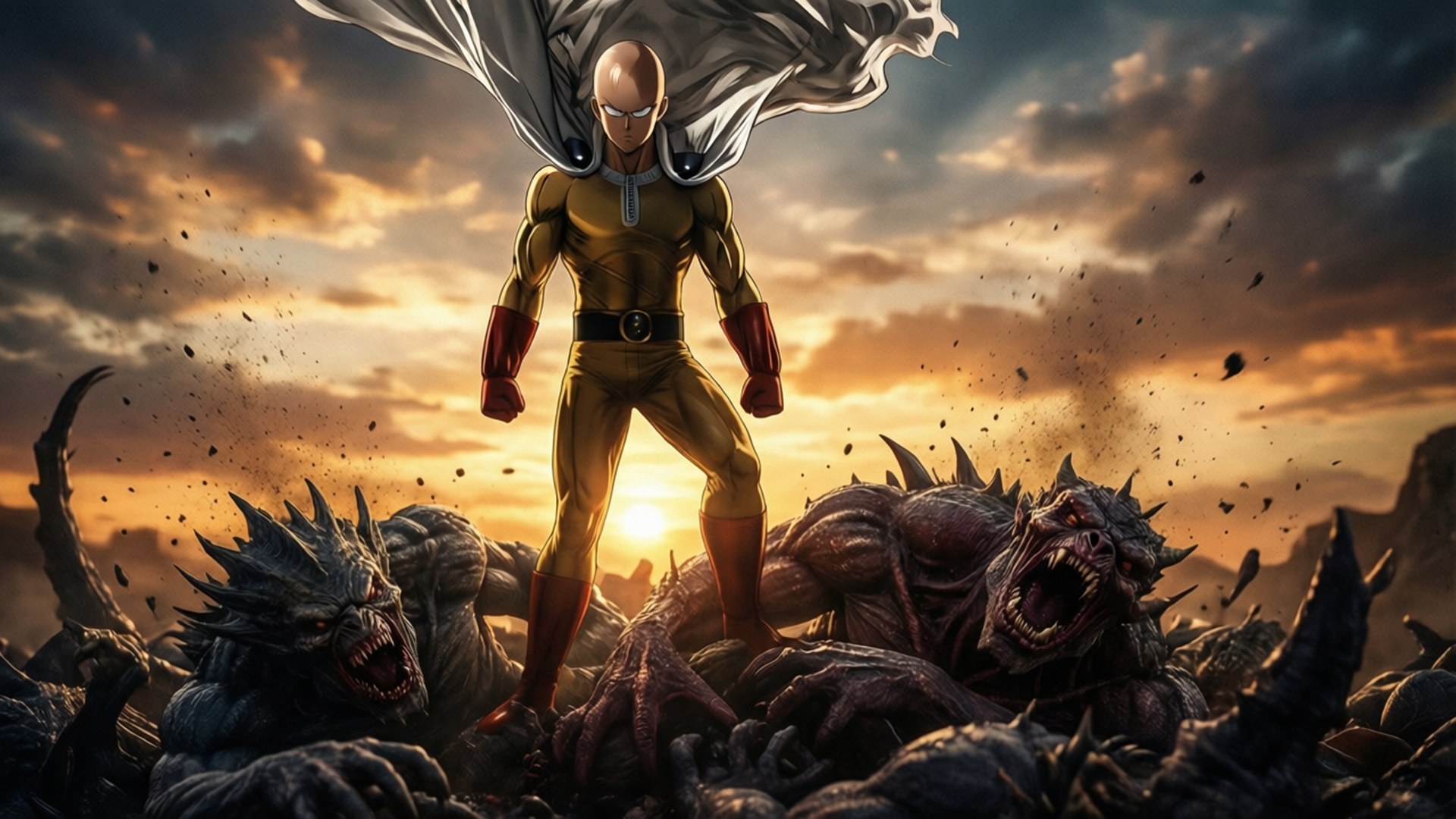 bald superhero, gold suit, defeated monstrous creatures, Full HD Desktop Wallpaper
