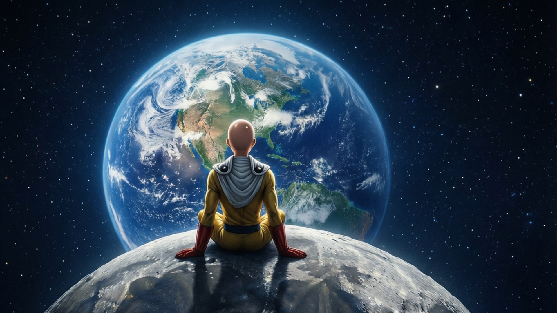 Moon, Earth, bald anime hero, Full HD Desktop Wallpaper