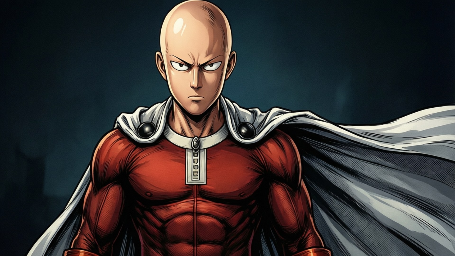bald muscular anime hero, red suit, white cape, Full HD Desktop Wallpaper