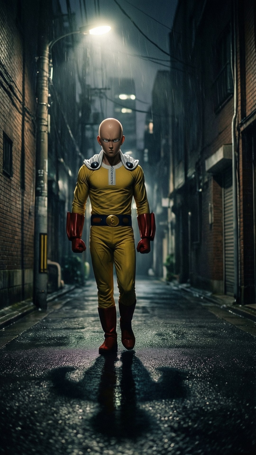 Saitama, yellow suit, rain-slicked alleyway, Full HD Phone Wallpaper
