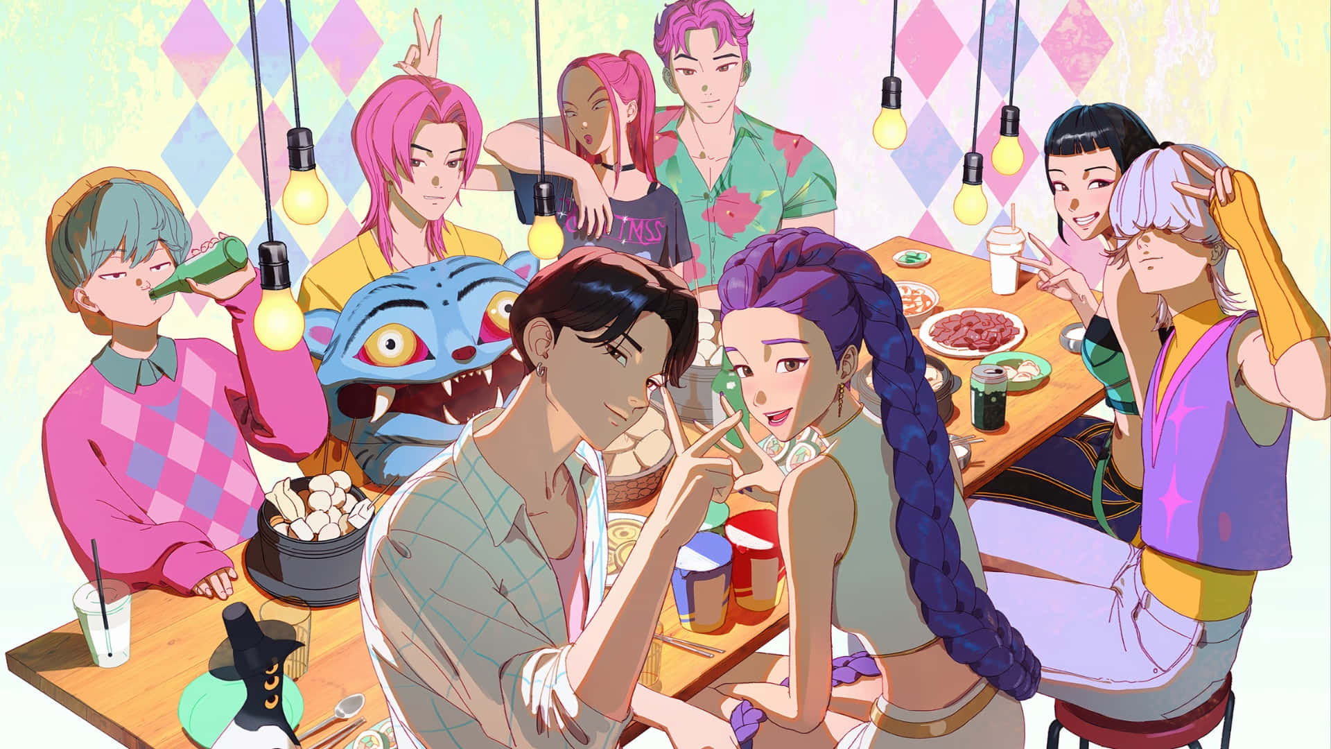Saja Boys, anime-style group of friends, colorful hair, Full HD Desktop Wallpaper