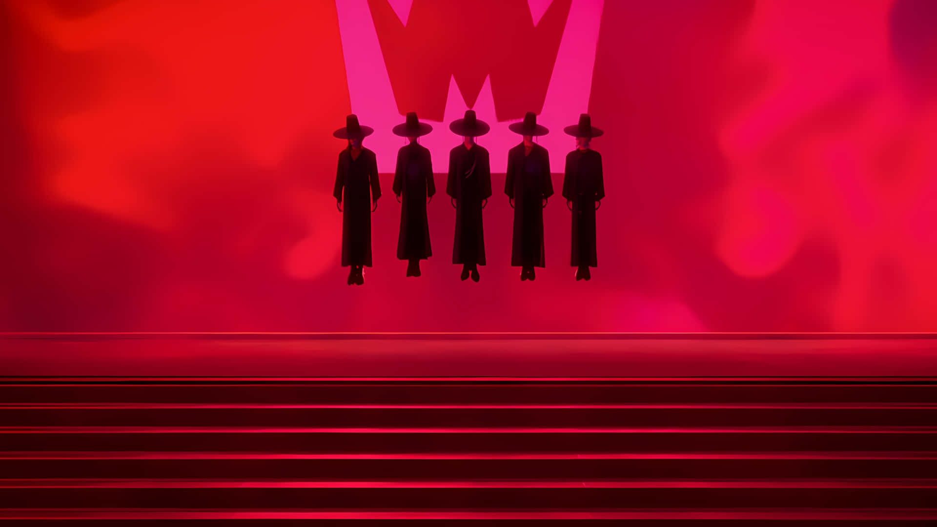 Saja Boys, glowing red stage, wide-brimmed hats, Full HD Desktop Wallpaper