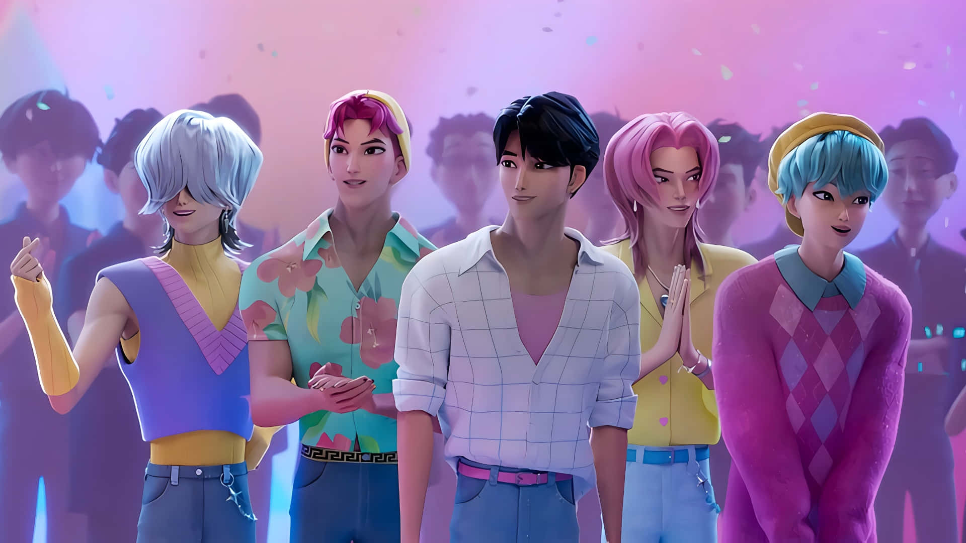 Saja Boys, animated group, colorful 80s fashion, Full HD Desktop Wallpaper