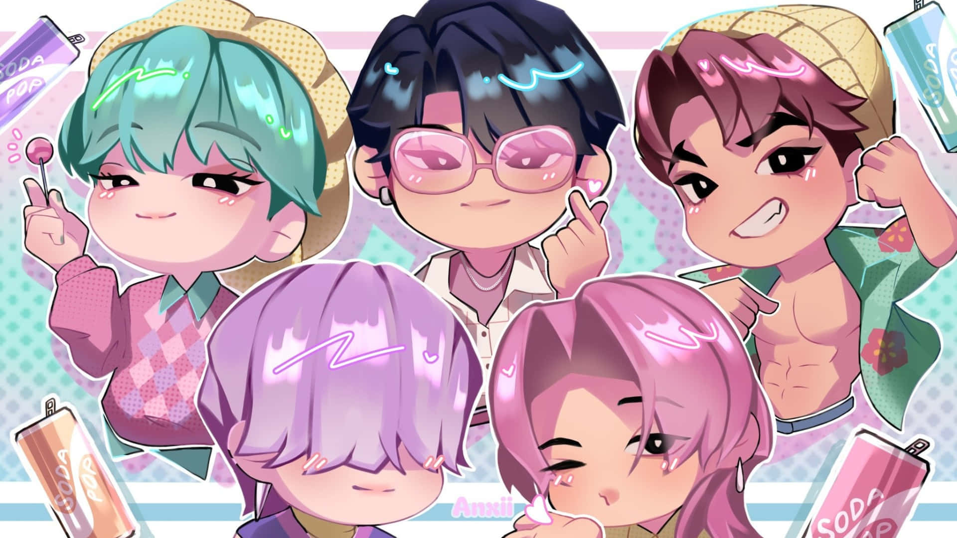 Saja Boys, chibi anime characters, colorful hair, Full HD Desktop Wallpaper