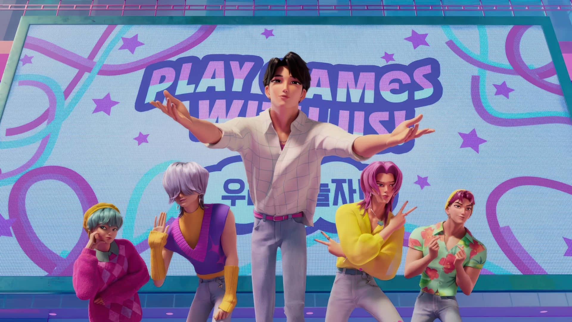 Saja Boys, playful dance performance, colorful outfits, Full HD Desktop Wallpaper