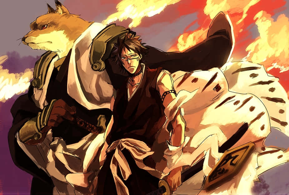 Sajin Komamura, fox-like companion, fiery explosions, SD Desktop Wallpaper