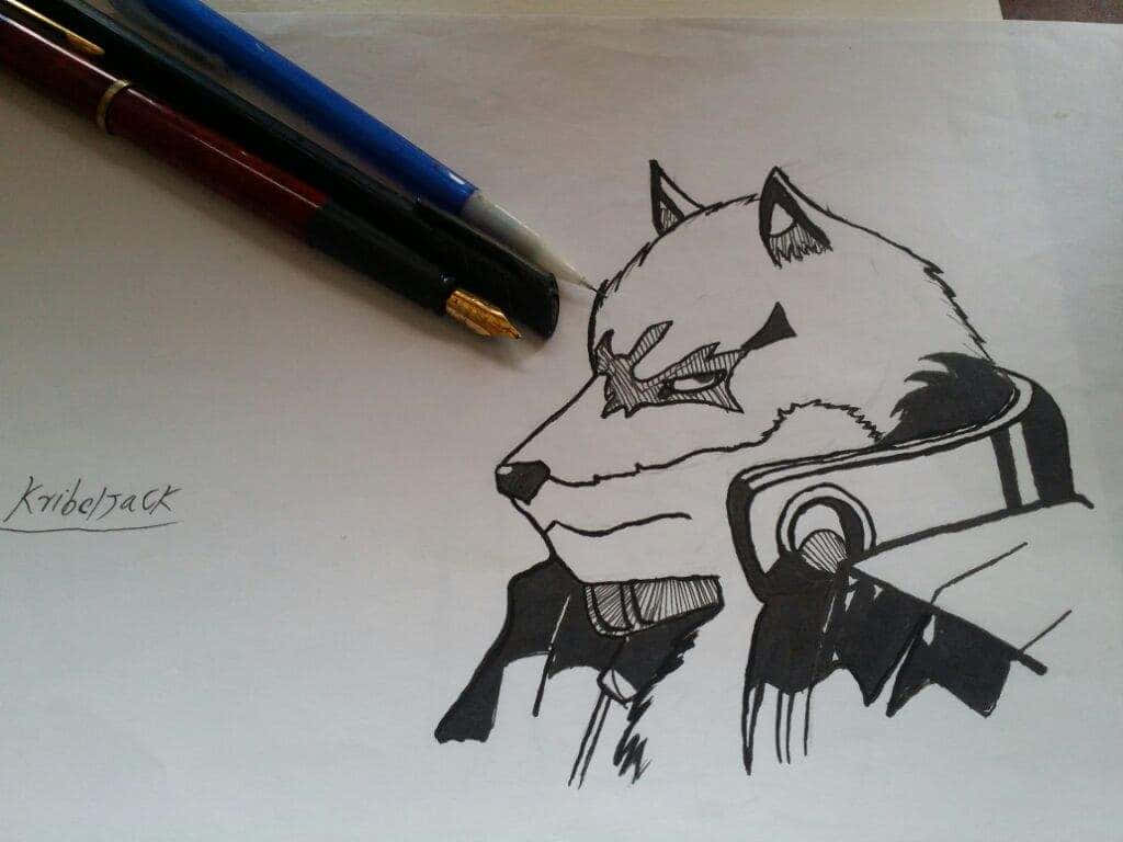 Sajin Komamura, wolf form, black and white ink drawing, SD Desktop Wallpaper