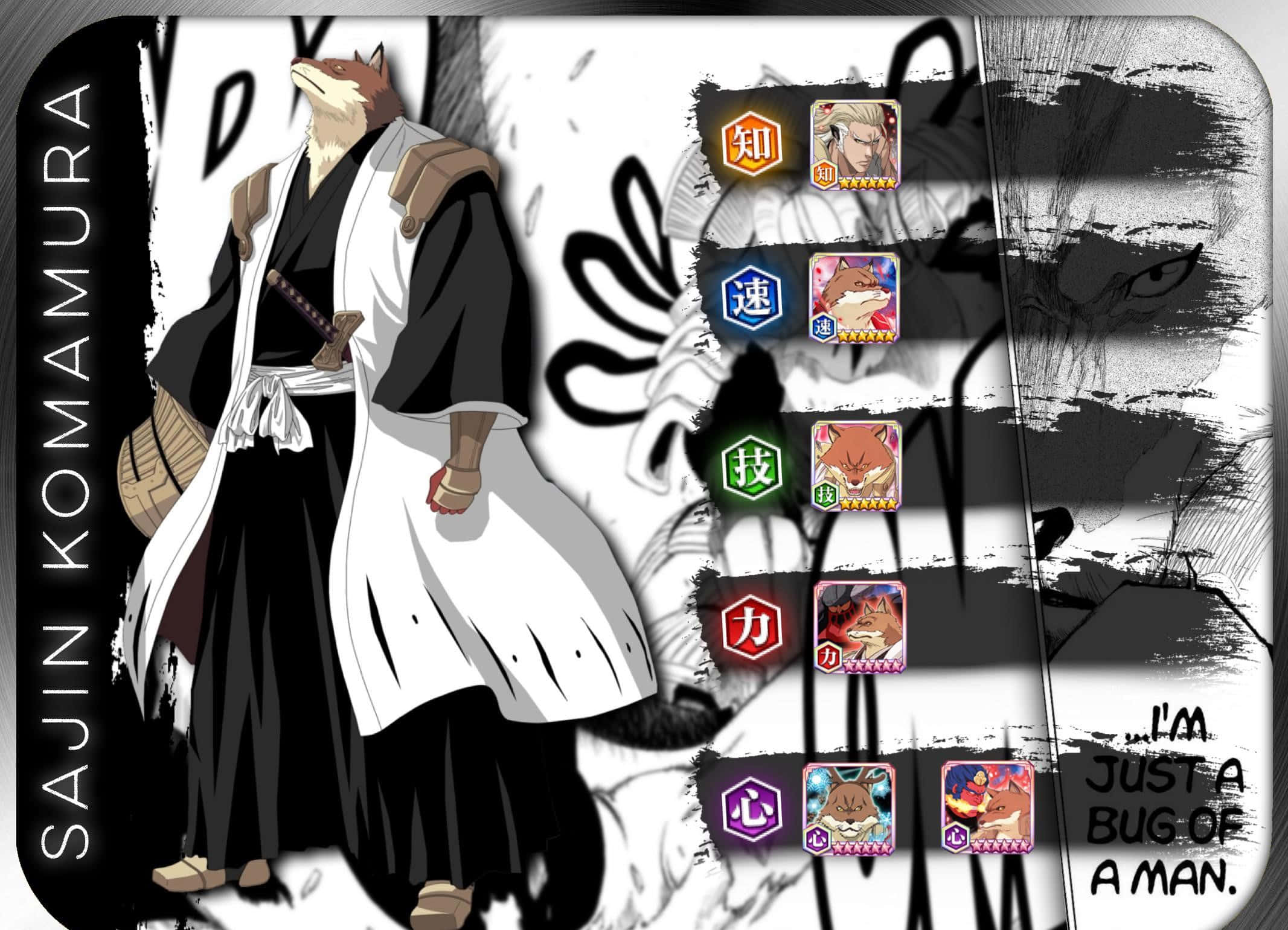 Sajin Komamura, white and black shikigami robes, stats panel, Full HD Desktop Wallpaper