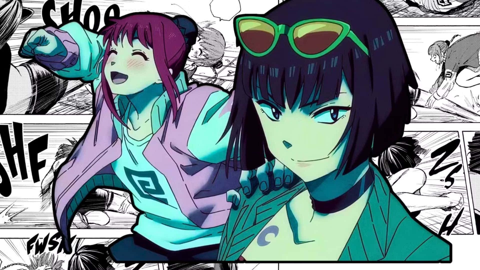 Sakamoto Days, teal, purple, Full HD Desktop Wallpaper