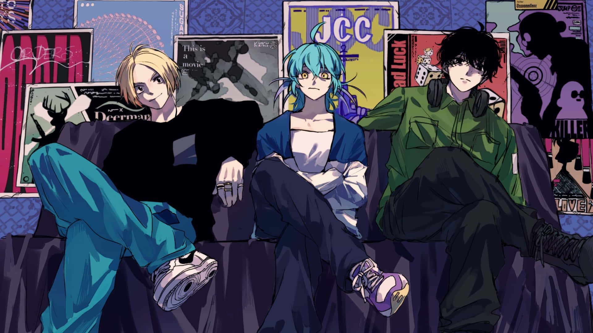 Sakamoto Days, anime-style teens, couch, Full HD Desktop Wallpaper