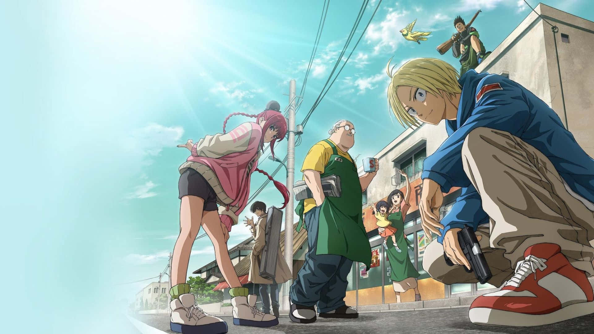 Sakamoto Days, rooftop gathering, blonde man, Full HD Desktop Wallpaper