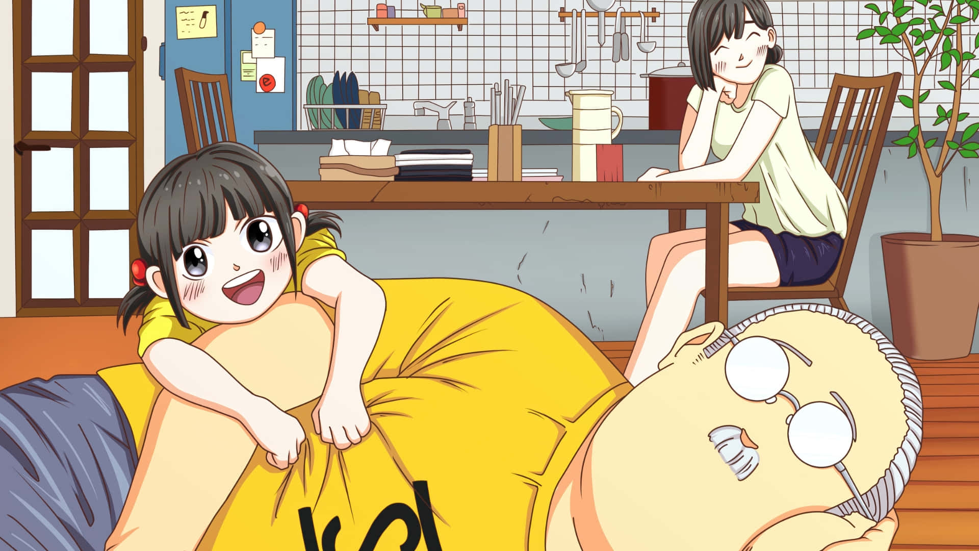 Sakamoto Days, yellow shirt, sleeping man, Full HD Desktop Wallpaper