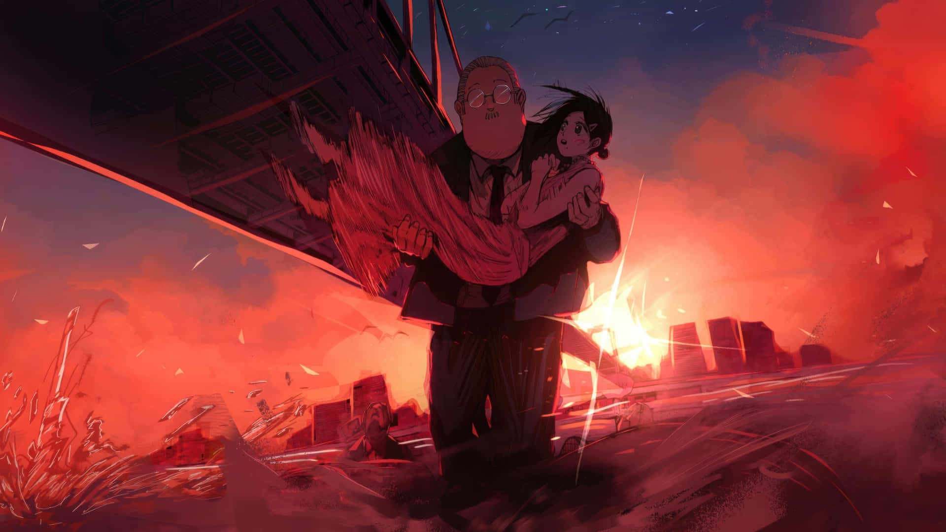 Sakamoto Days, intense rescue scene, fiery apocalyptic cityscape, Full HD Desktop Wallpaper
