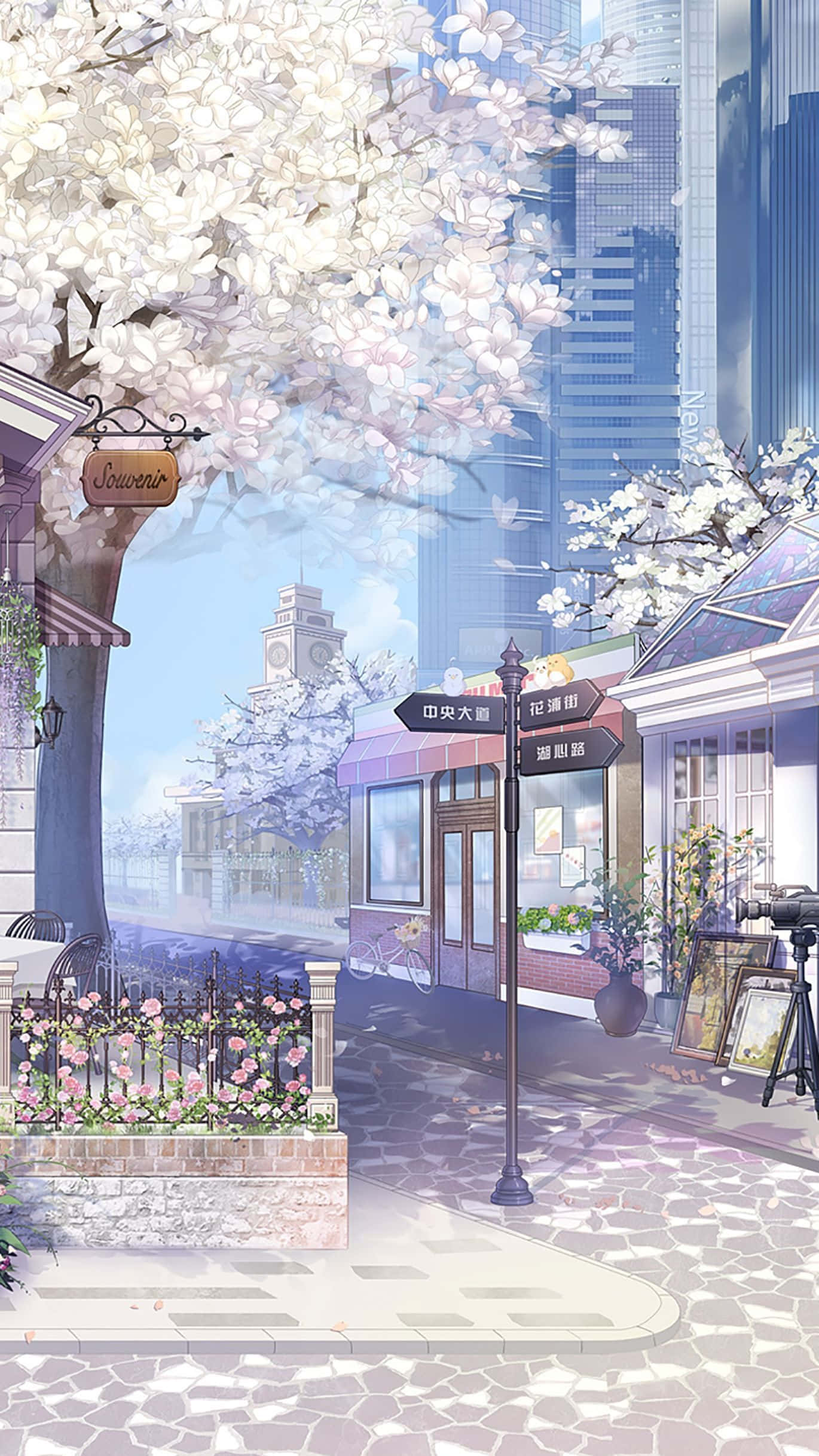 Sakura Anime, cherry blossom trees, cobblestone street, Full HD Phone Wallpaper