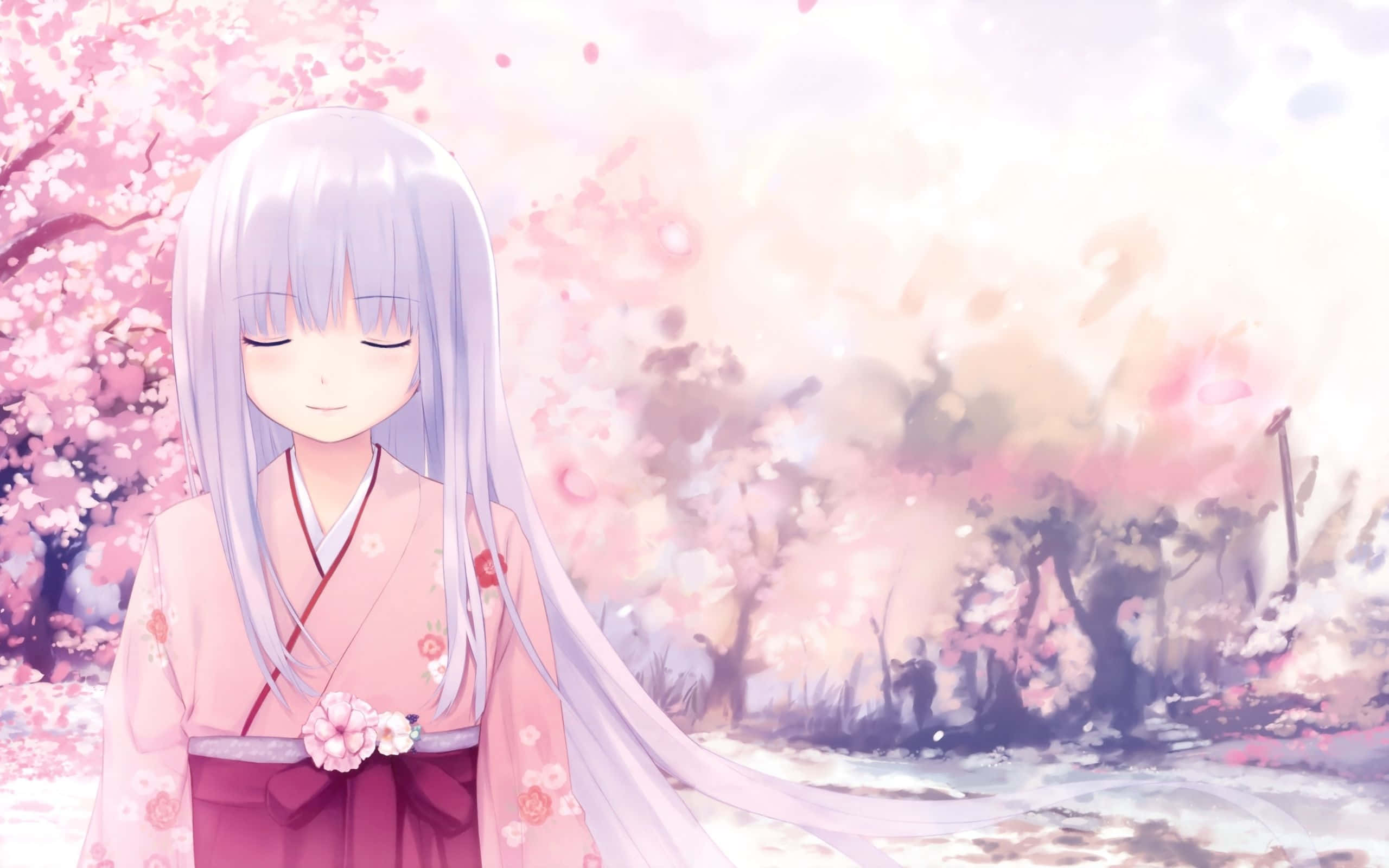 Sakura Anime, silver hair, kimono, 2K Desktop Wallpaper