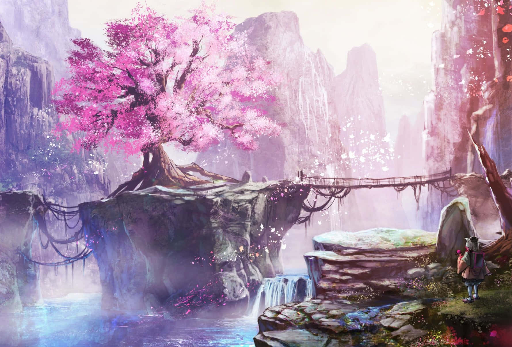 Sakura Anime, cherry blossom tree, misty waterfall, HD Desktop Wallpaper
