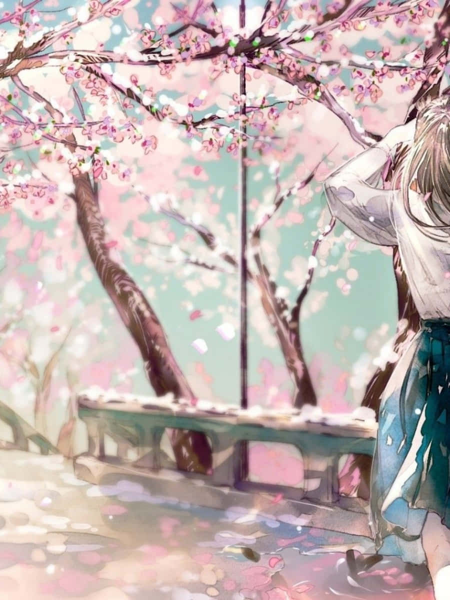 sakura anime wallpaper, anime girl, blossoming cherry tree, SD Phone Wallpaper