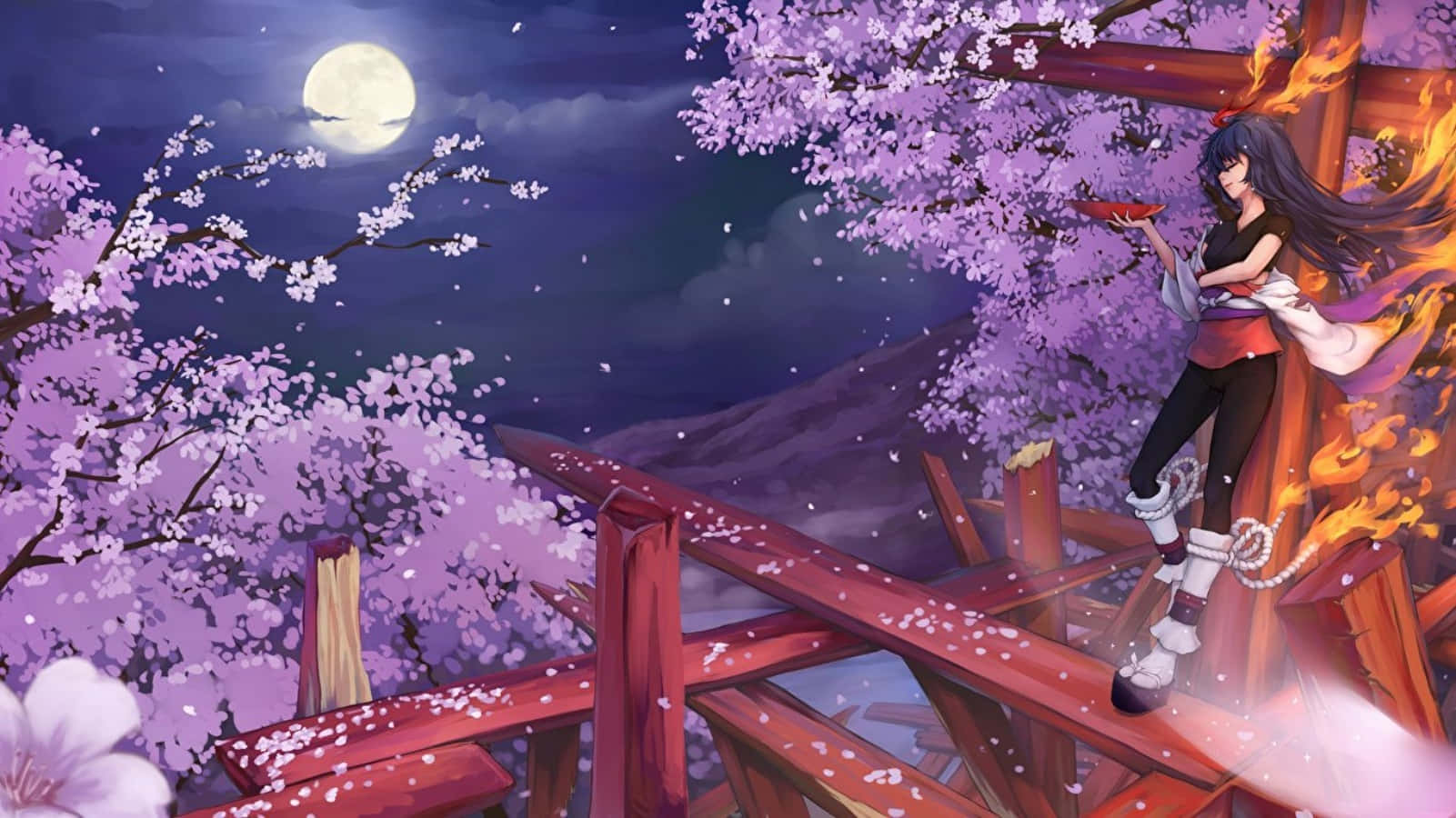 Sakura Anime, dark-haired anime girl, fiery aura, HD Desktop Wallpaper