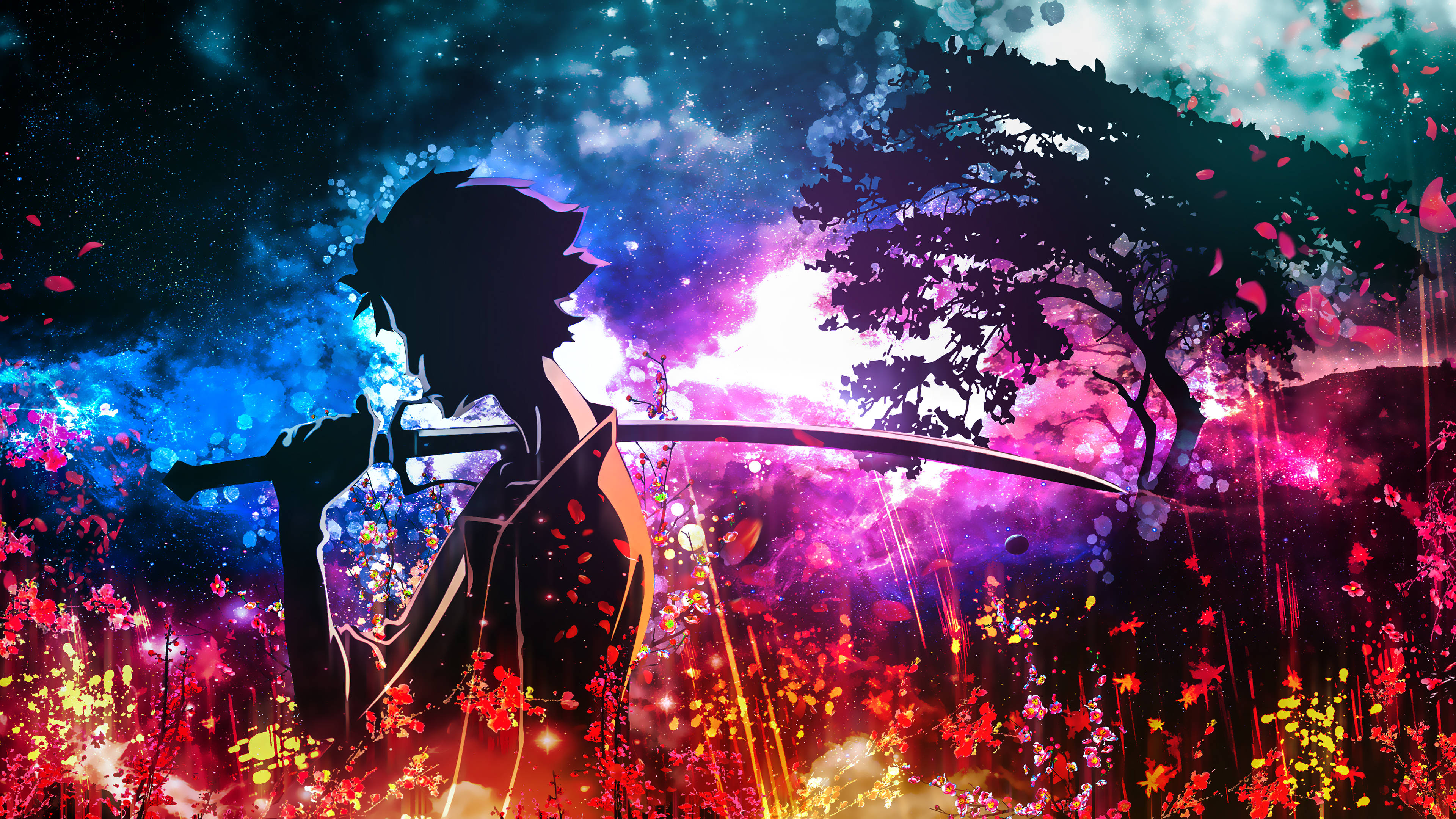 anime samurai, glowing sword, vibrant field of flowers, 4K Desktop Wallpaper