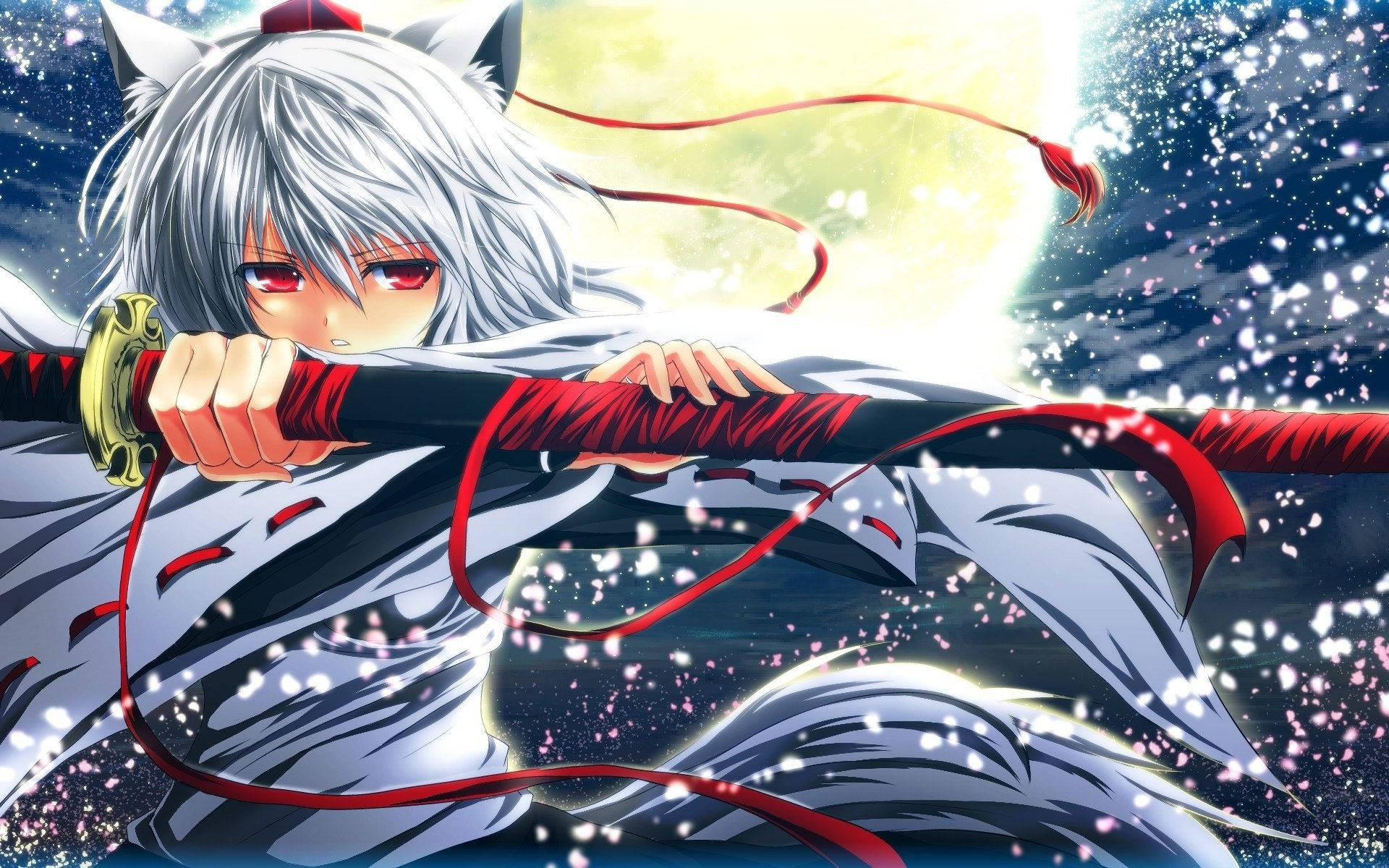 anime samurai, silver-haired anime warrior, fox ears, Full HD Desktop Wallpaper