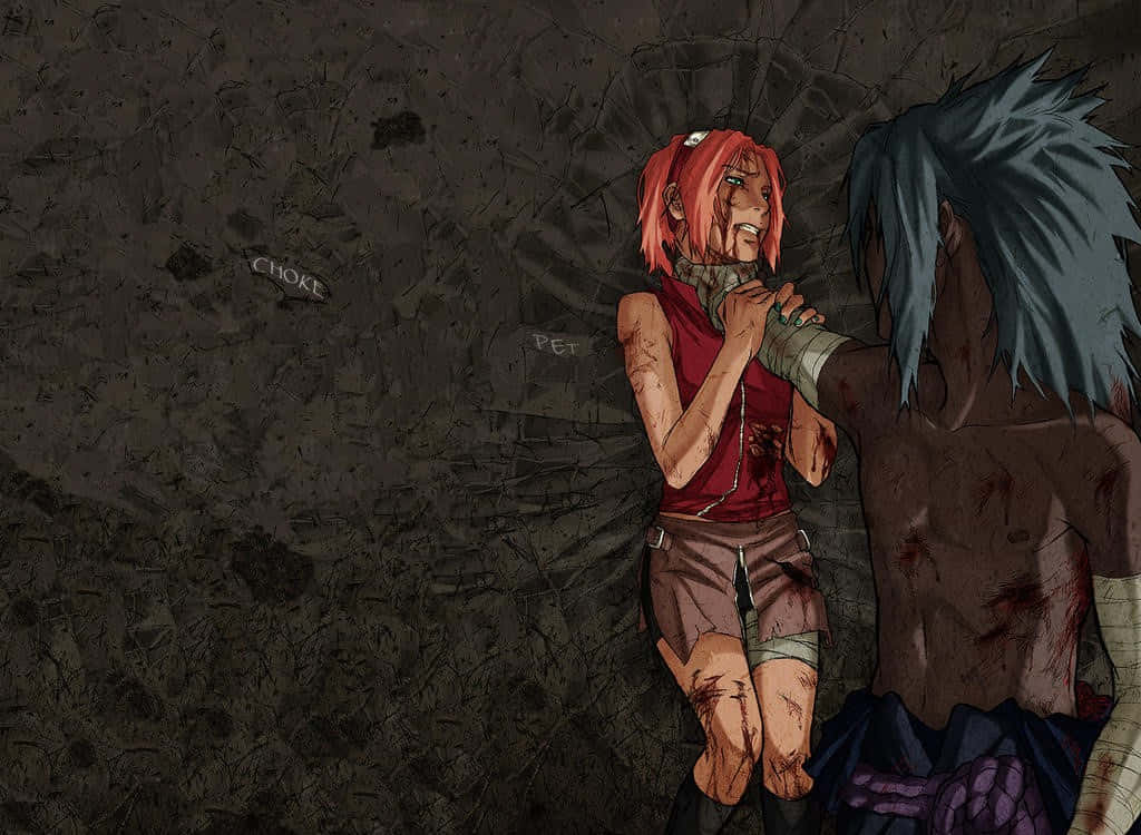 Sakura Haruno, red hair, blue-haired man, SD Desktop Wallpaper