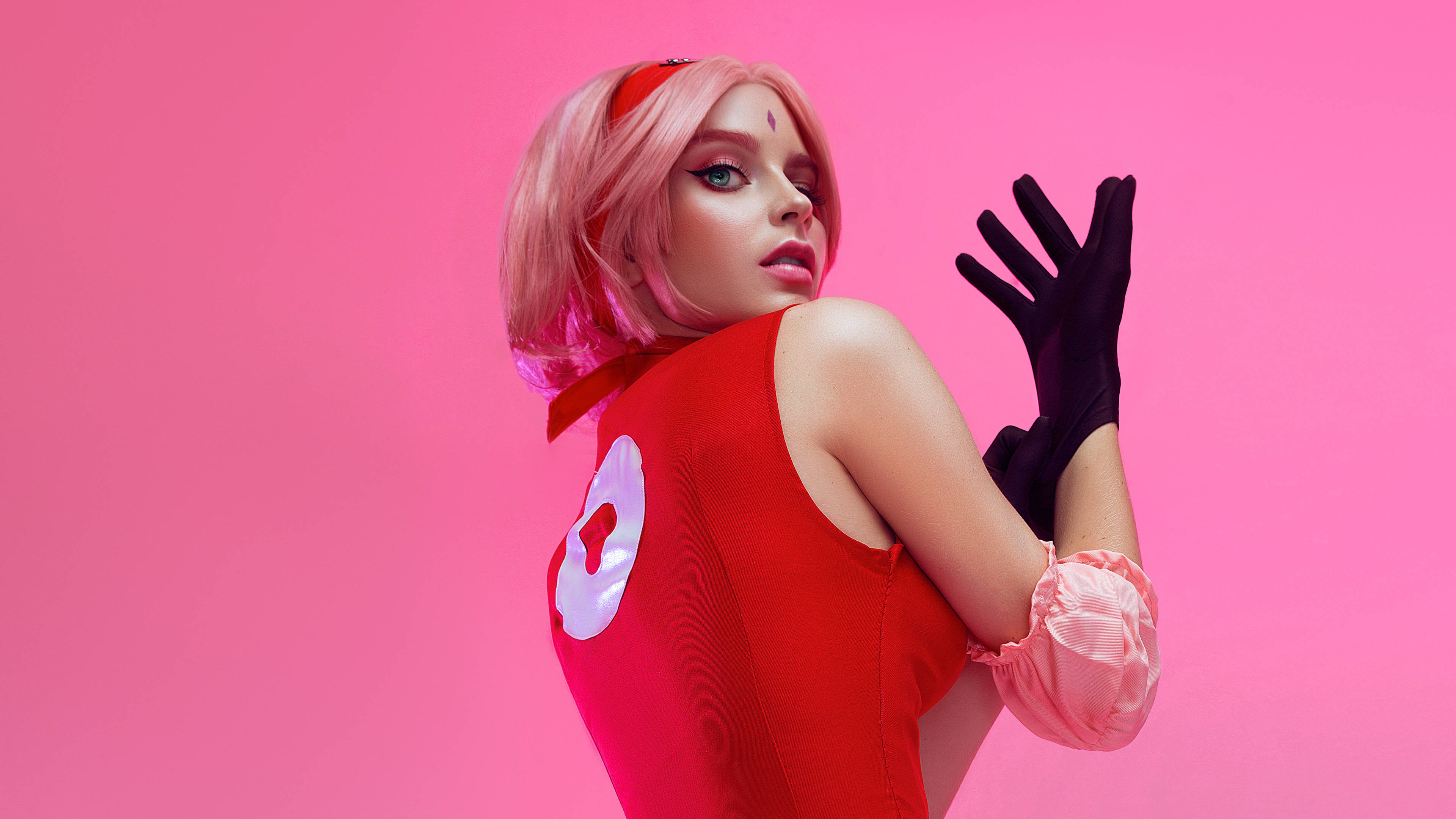Sakura Haruno, red superhero costume, pink hair, 4K Desktop Wallpaper