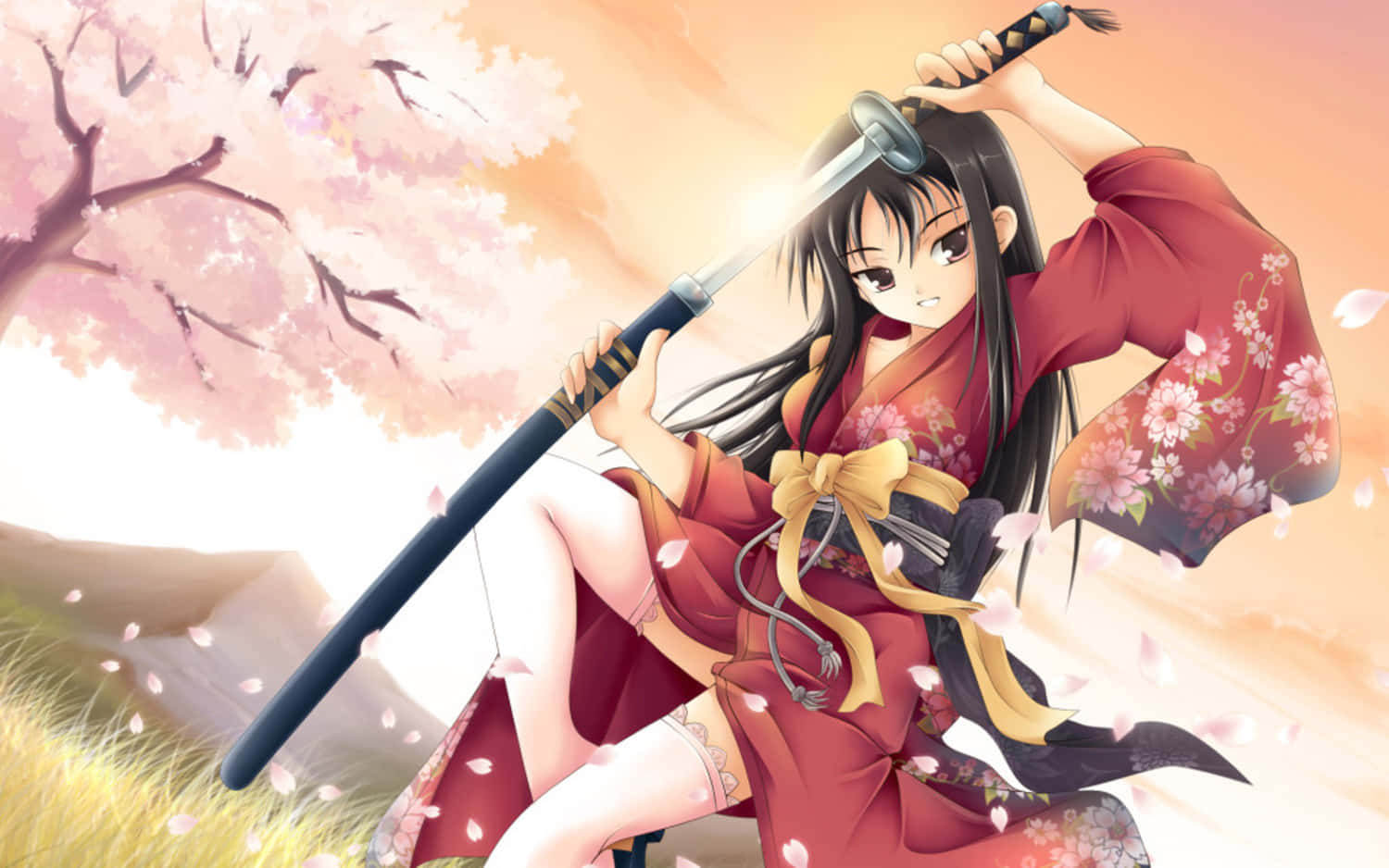 Sakura Kinomoto, cherry blossom kimono, katana, HD Desktop Wallpaper