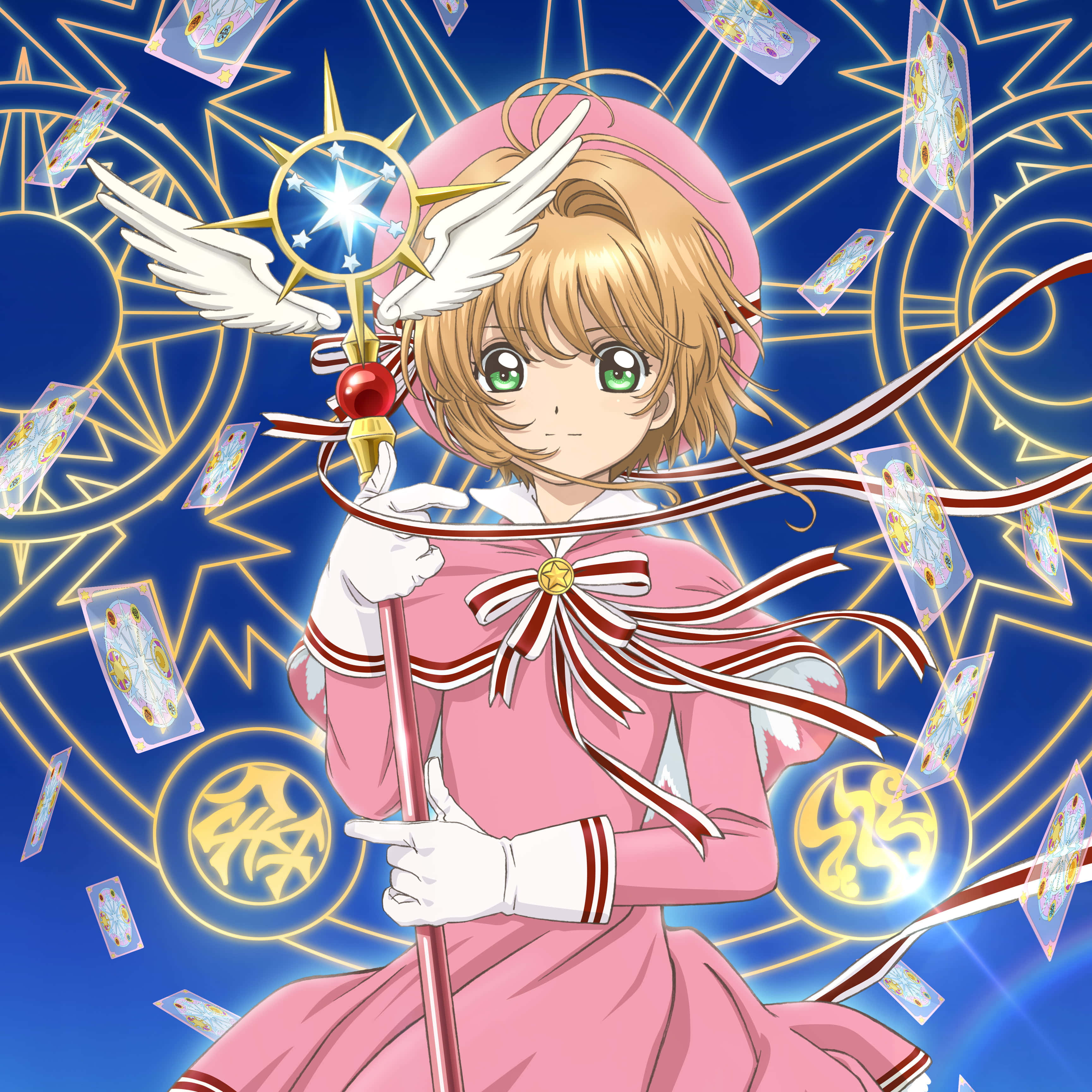 Sakura Kinomoto, magic card, glowing wand, 2K Desktop Wallpaper