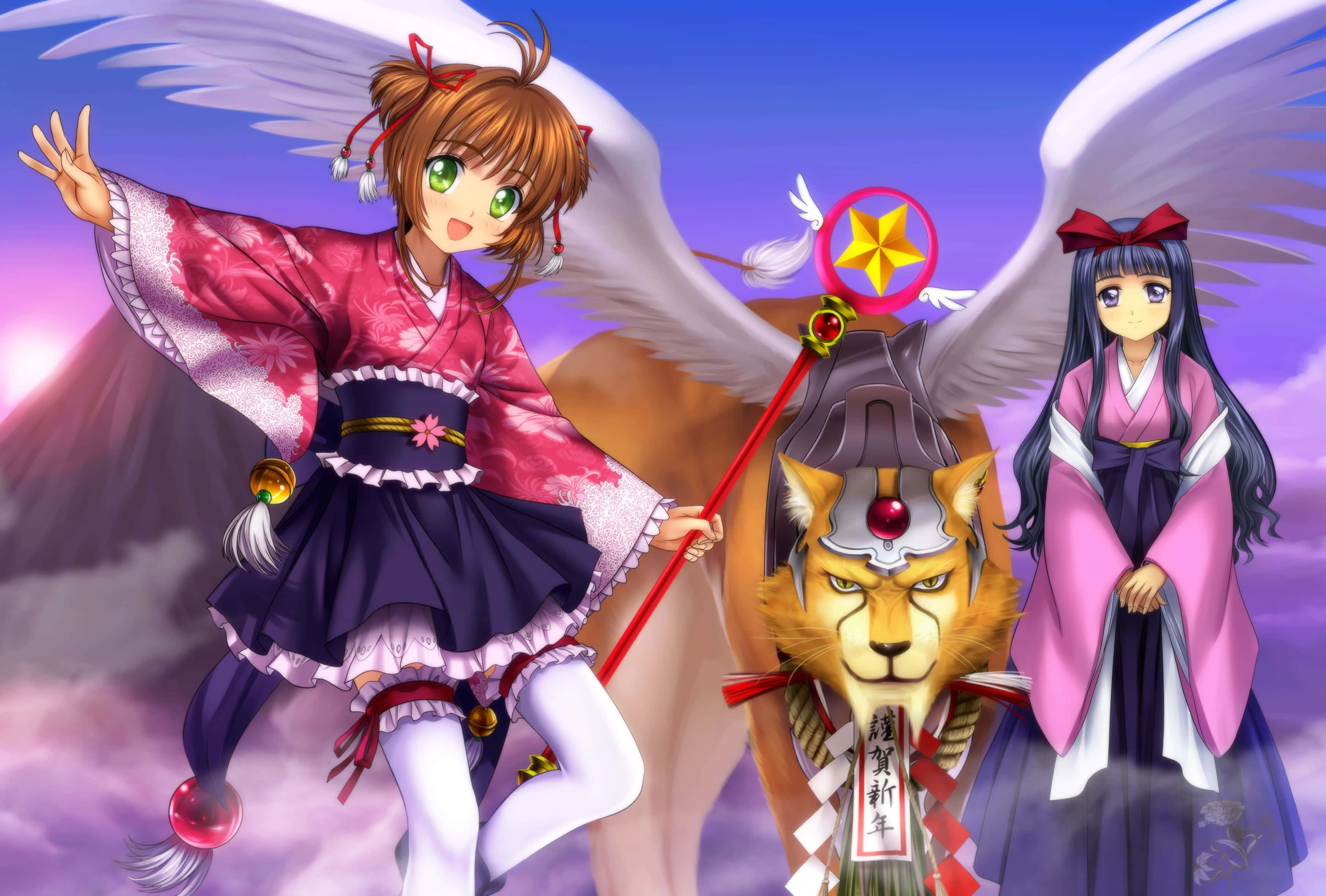Sakura Kinomoto, magic from her wand, angel wings, 2K Desktop Wallpaper