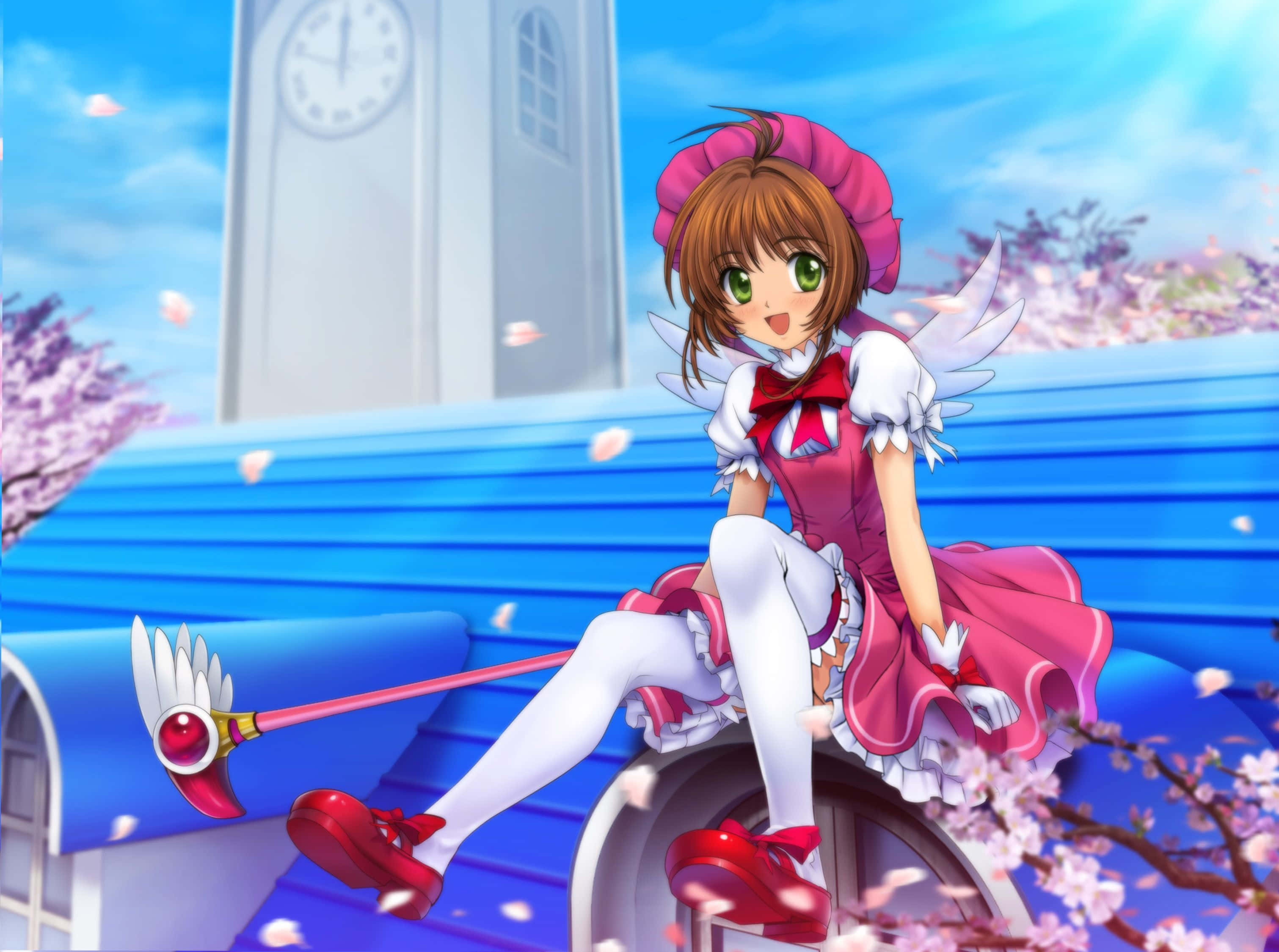 Sakura Kinomoto, sparkling magical outfit, blue roof, 2K Desktop Wallpaper