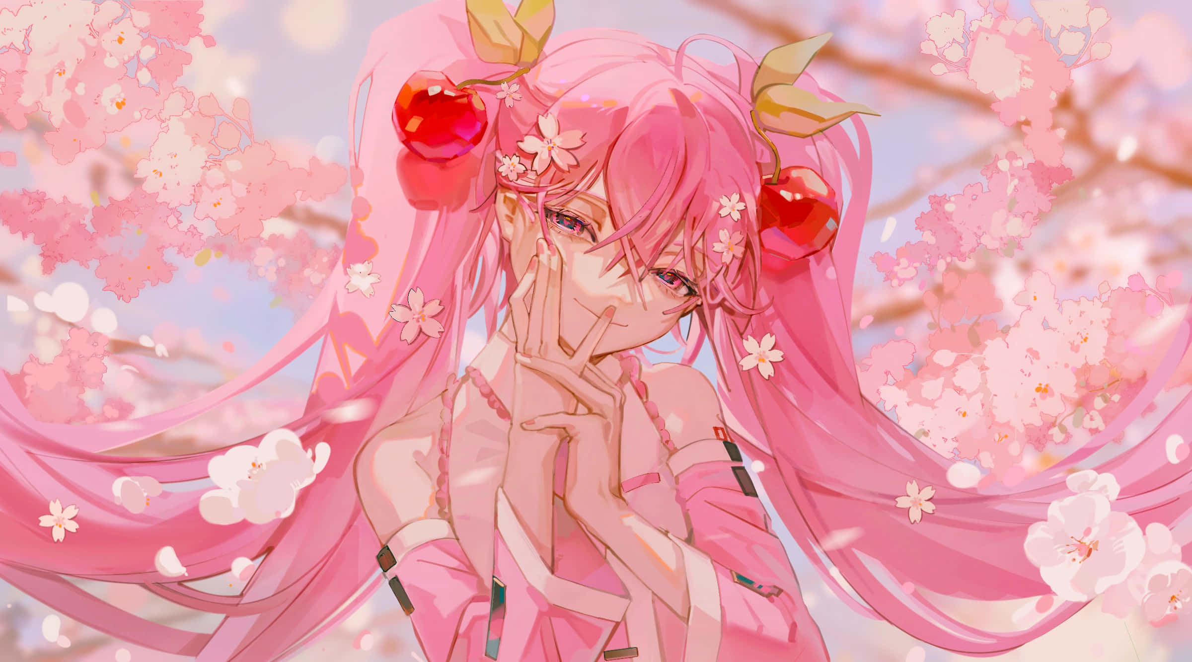 Sakura Miku, cherry blossoms, pink-haired anime girl, Full HD Desktop Wallpaper
